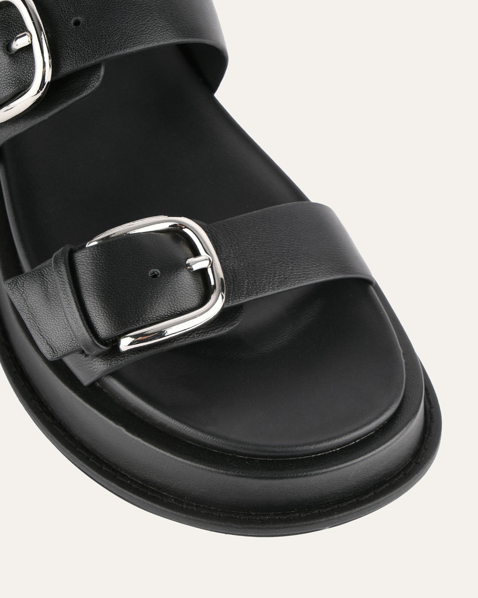 MABEL Women's Flat Sandals - Black Leather Comfortable Slip-On Shoes for Walking, Beach, and Summer Outfits