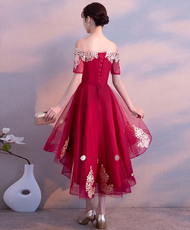 Elegant Burgundy Tulle High-Low Prom Dress with Lace Details | Formal Evening Gown for Homecoming, Bridesmaid, Wedding Party & Special Occasions
