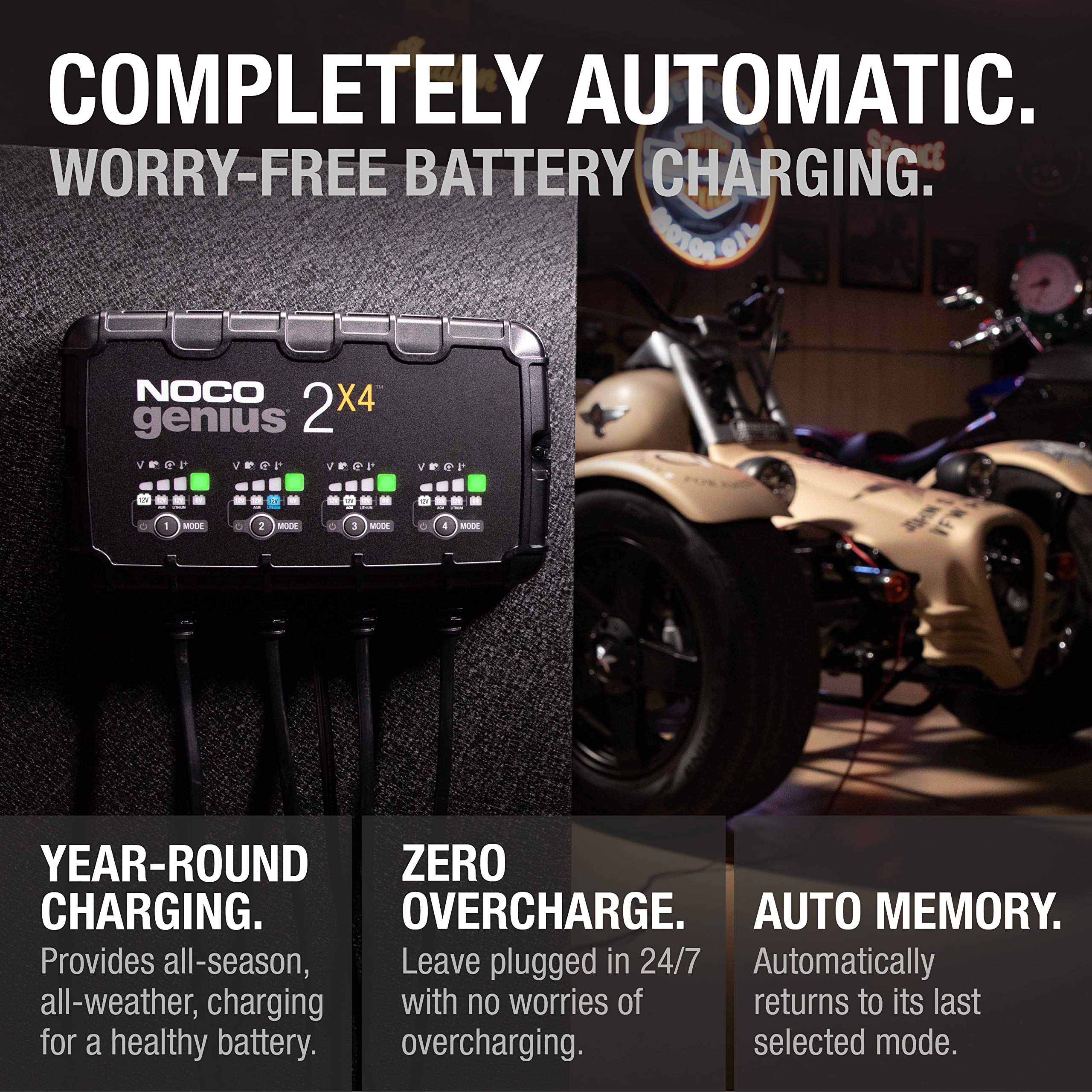 NOCO GENIUS2X4 Smart Car Battery Charger - 4-Bank 8A (2A/Bank) 6V/12V Automotive Charger, Battery Maintainer, Trickle & Float Charger with Desulfator for Motorcycle, ATV, Lithium Batteries - Perfect for Garage, RV & Seasonal Vehicle Storage