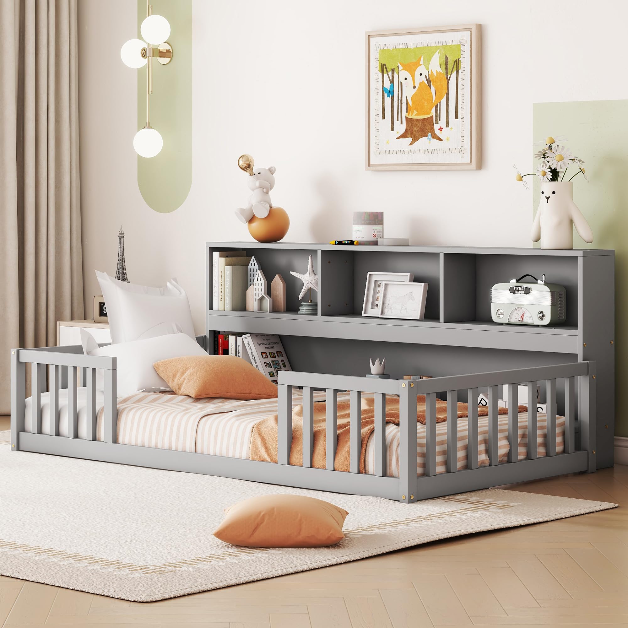 Montessori Floor Bed for Kids - Twin Size with Bookcase, Shelves & Guardrails - Gray Wooden Bed Frame for Boys & Girls - Perfect for Bedrooms, Playrooms & Montessori Learning Spaces