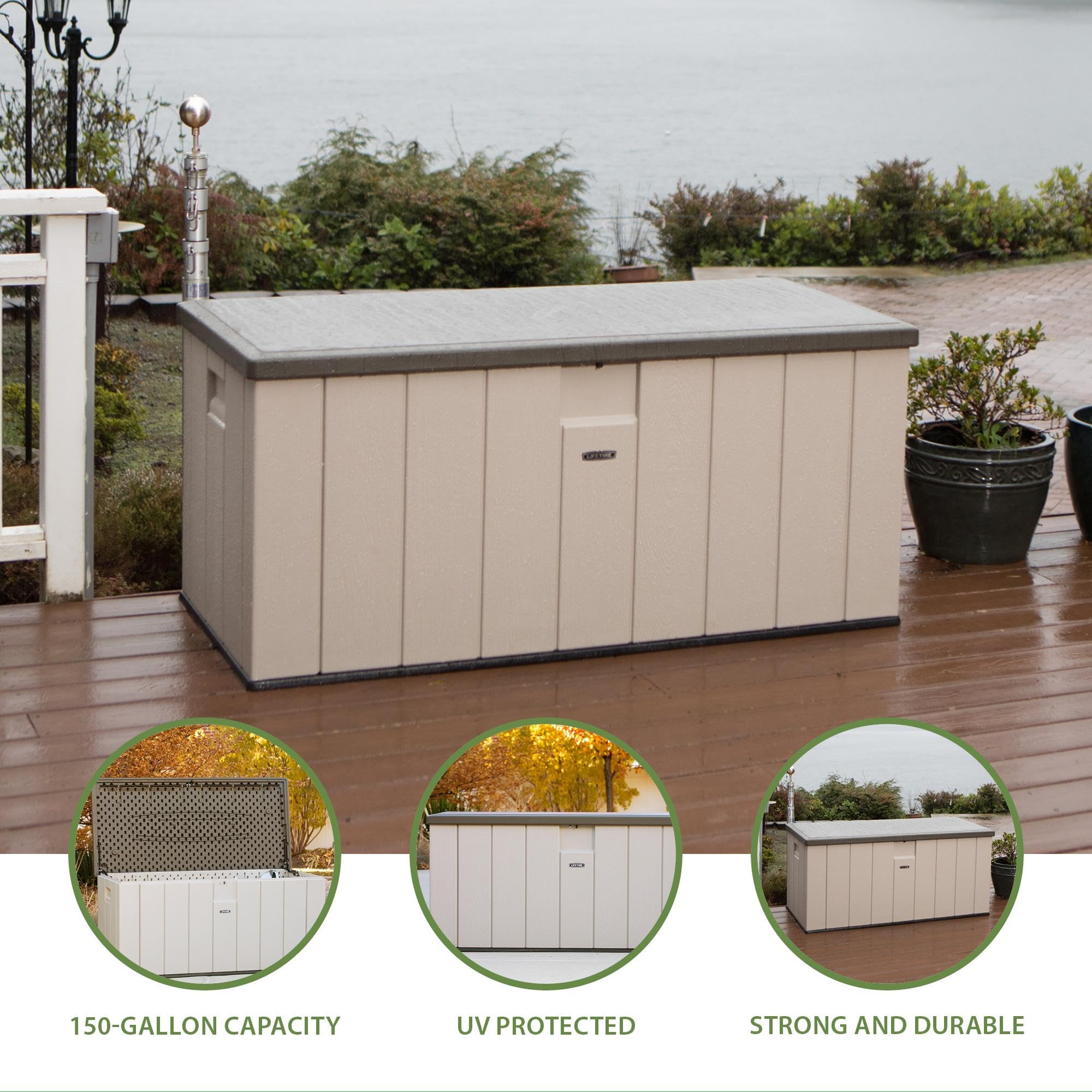 LIFETIME 60254 150-Gallon Heavy-Duty Outdoor Storage Deck Box - Weather-Resistant Plastic Deck Box for Patio Furniture Cushions, Pool Toys & Garden Tools - Desert Sand/Brown Color