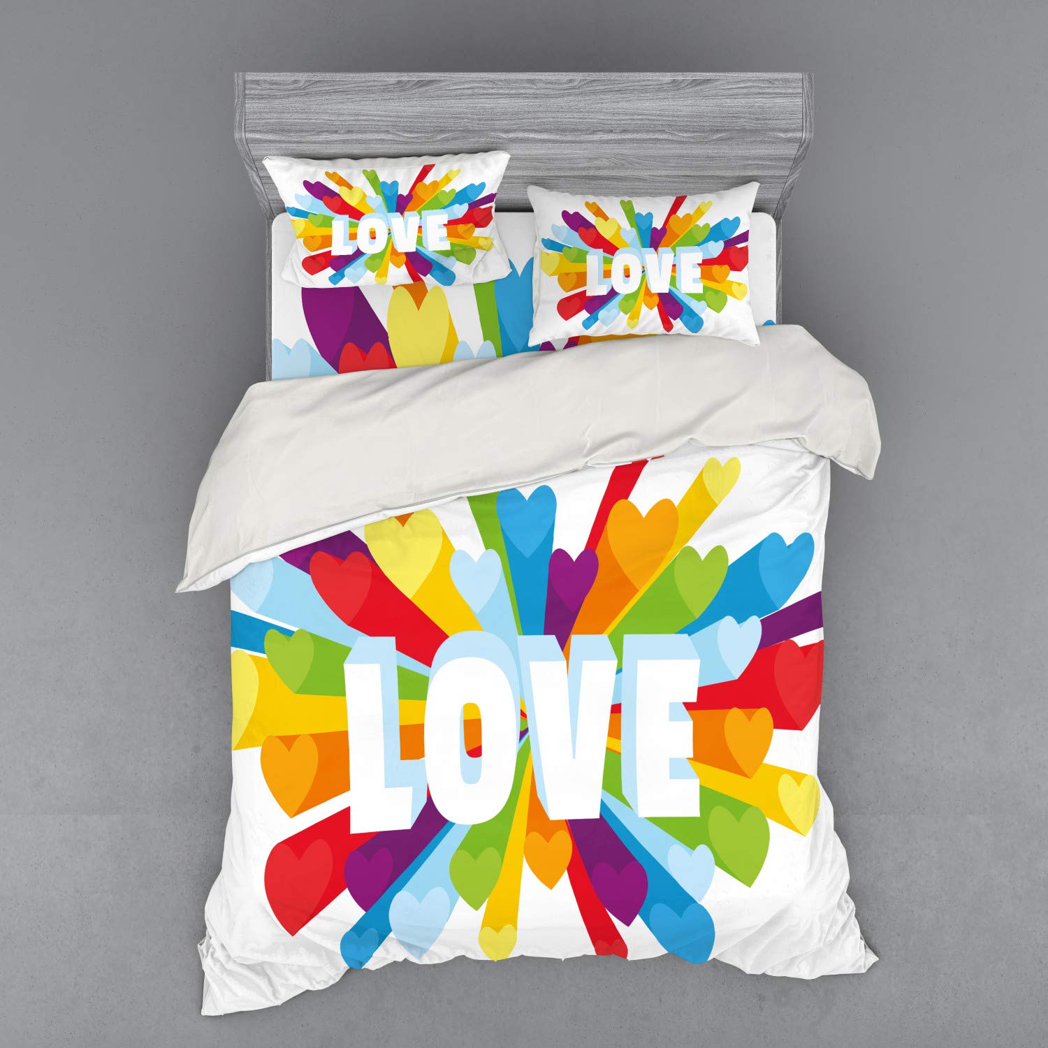 Ambesonne Pride Bedding Set - 4 Piece Queen Size Duvet Cover with Shams & Fitted Sheet - Colorful Hearts & LGBT Love Design - Perfect for Pride Month, LGBTQ+ Couples & Rainbow Themed Bedrooms