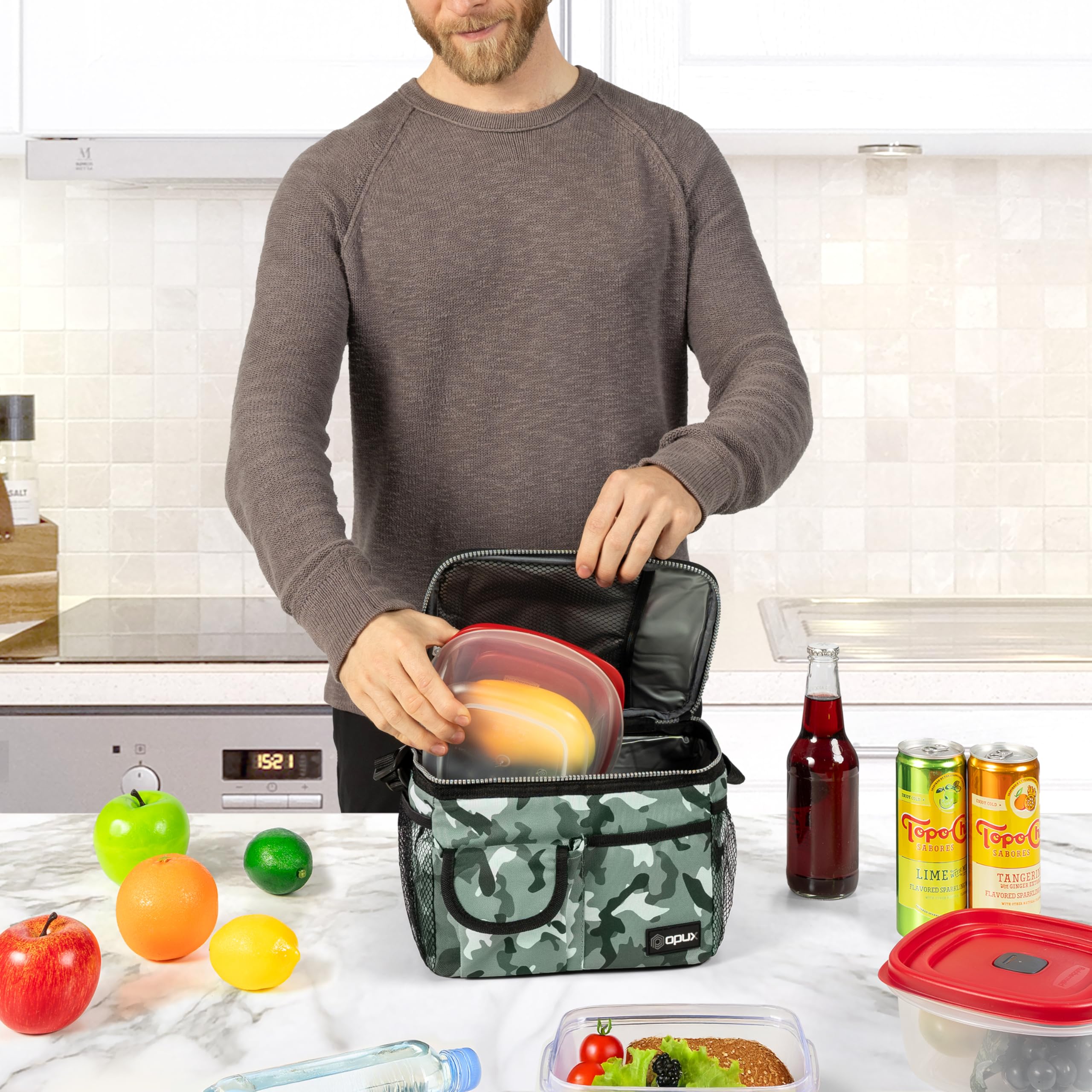 Opux Insulated Lunch Bag for Men & Women - Leakproof Camo Green Lunch Box for Work & School - Portable Soft Cooler Bag with Shoulder Strap - Adult & Kids Lunchbox (14 Can/8L Capacity) - Perfect for Office, Picnics & Outdoor Activities