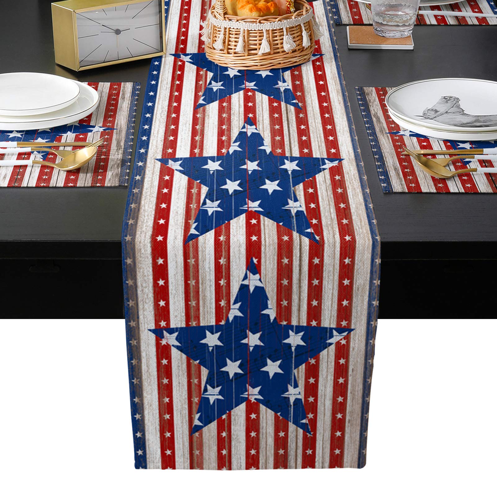 4th of July Patriotic Table Runner and Placemat Set - 6-Piece USA Flag Cotton Linen Table Decor (90 Inches Long) with Heat-Resistant Mats for Dining Room, Kitchen, Outdoor & Indoor Use - Perfect for Independence Day Celebrations, BBQs, and Holiday Parties