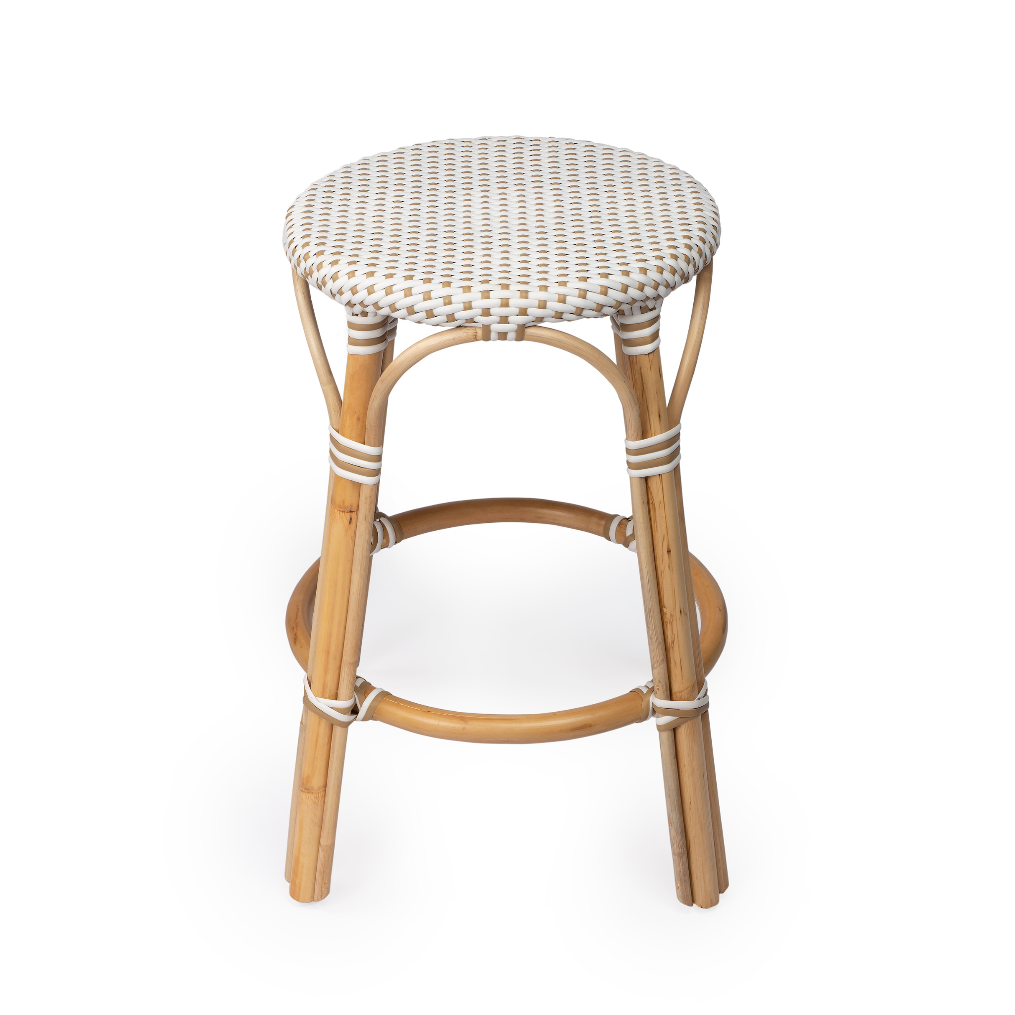 Beige and White Rattan Frame Counter Stool - Stylish Bar Stool for Kitchen Island, Breakfast Nook, or Dining Room - Rustic Home Decor Accent