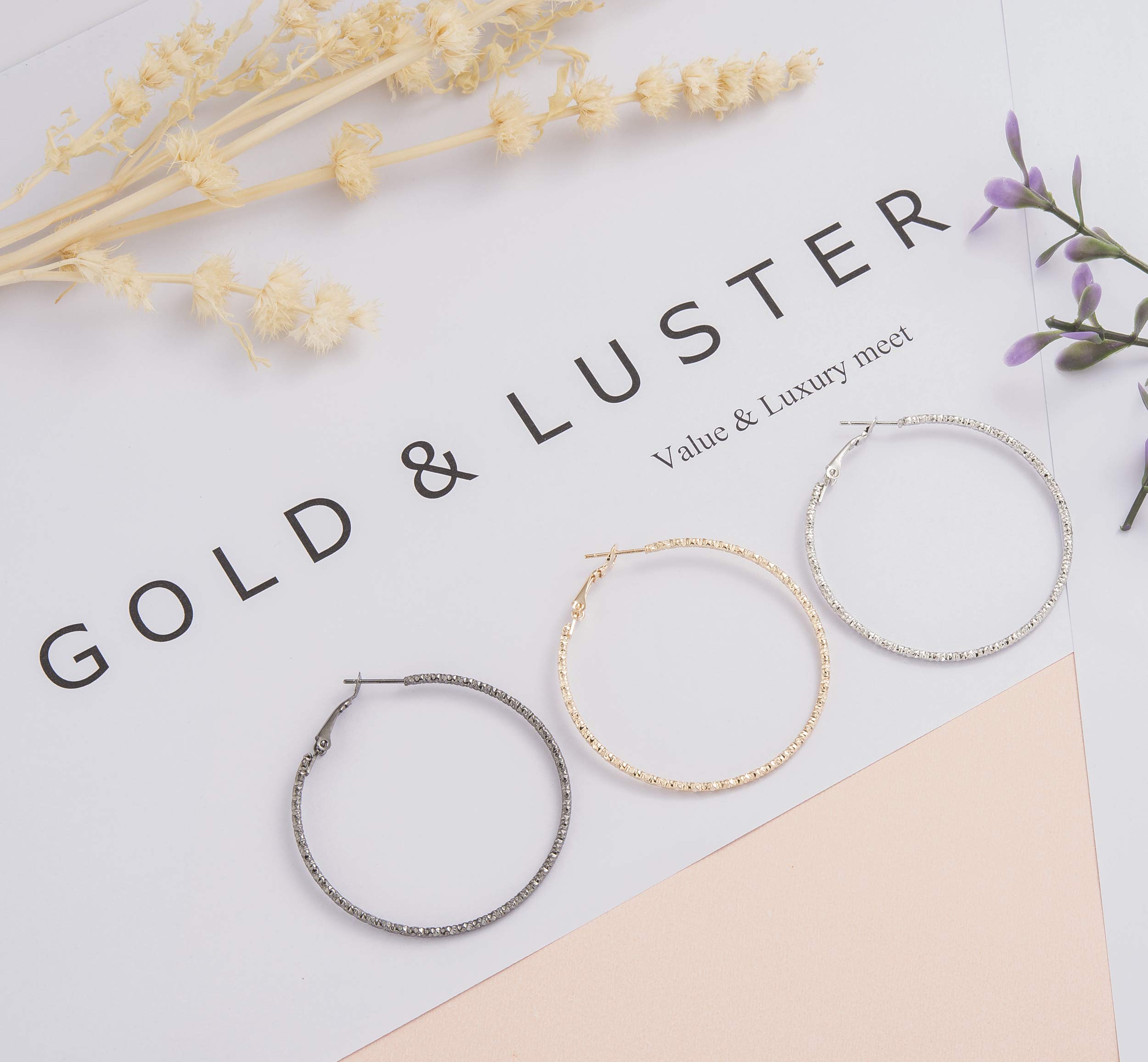 Silver Gold Gunmetal Grey Rhodium Plated Hoop Earrings Set for Women & Teens - 3 Pairs Diamond Cut Fashion Jewelry for Everyday Wear, Parties & Gifts