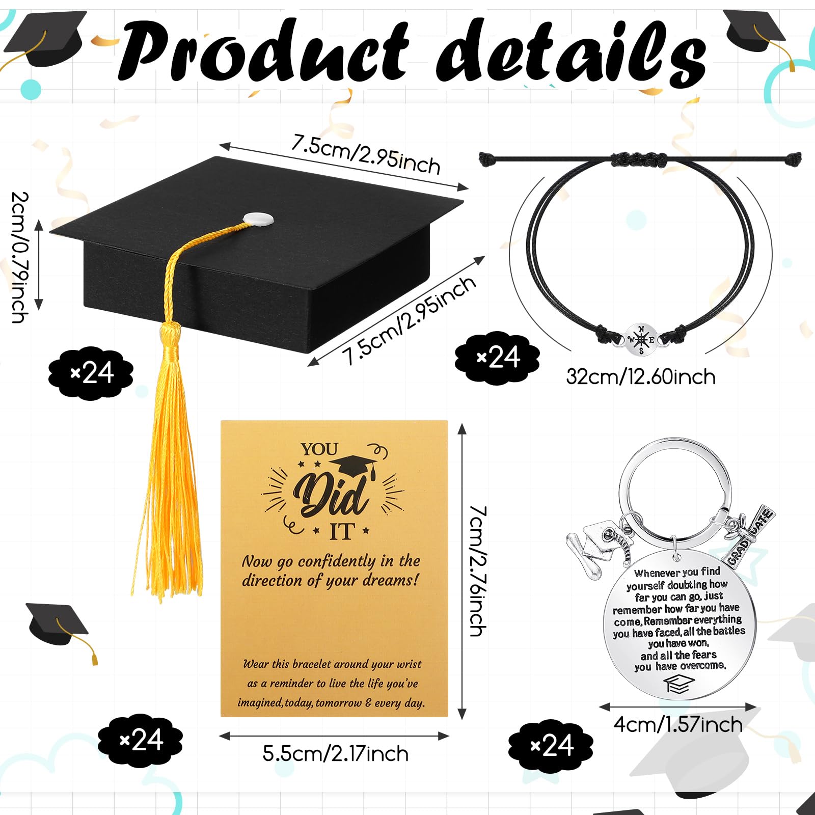 24 Sets 2025 Graduation Gifts - Unisex Bracelets with Cap Box, Inspirational Quote Card & Keychain - Perfect for Class of 2025 Graduation Parties, Senior Gifts & Commencement Celebrations