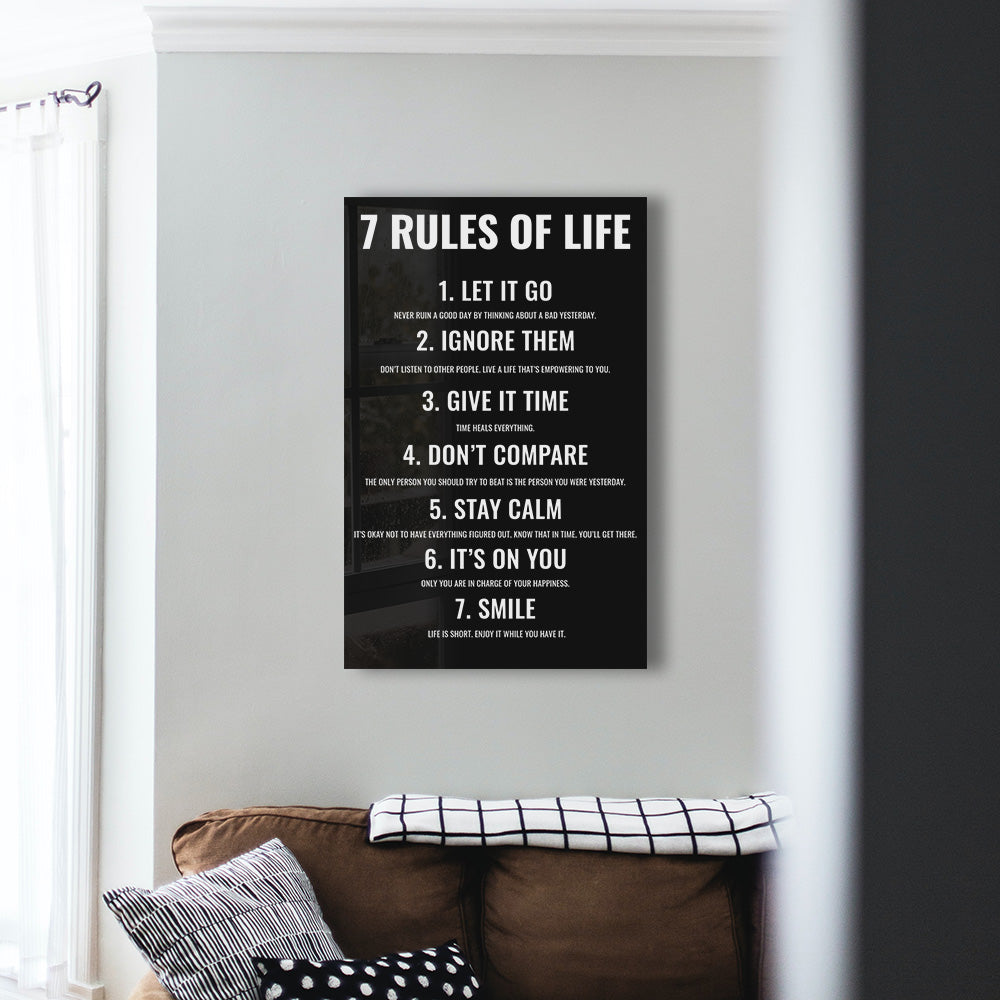 7 Rules of Life Motivational Glass Print Wall Art - Inspirational Home & Office Decor for Living Room, Bedroom, or Workspace