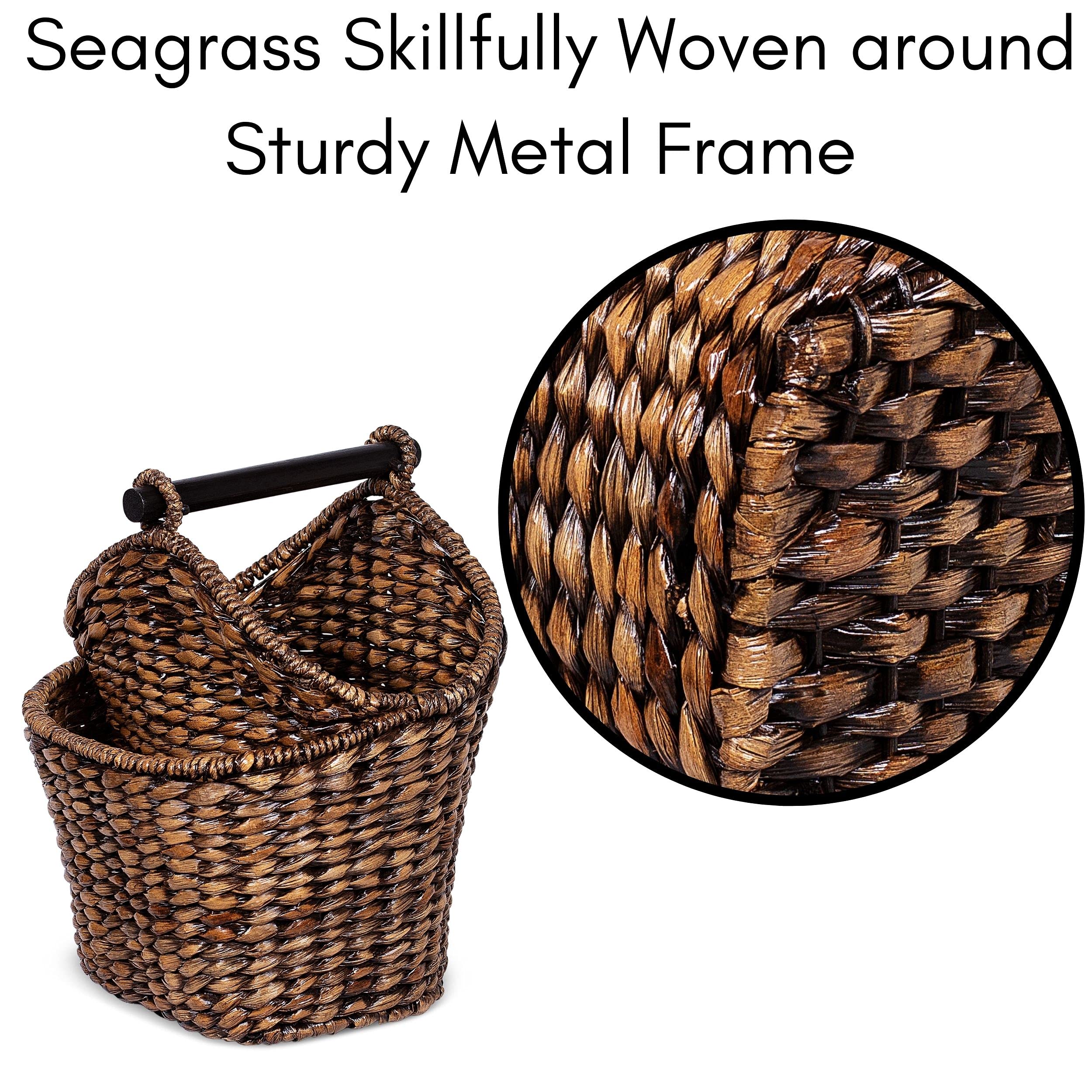 BIRDROCK HOME Handwoven Seagrass Bathroom Basket with Pocket - Natural Wicker Toilet Paper Holder & Organizer for Toiletries, Washcloths, Small Items - Grey Washed Wooden Storage Bin - Perfect for Bathroom, Spa, and Home Decor Organization