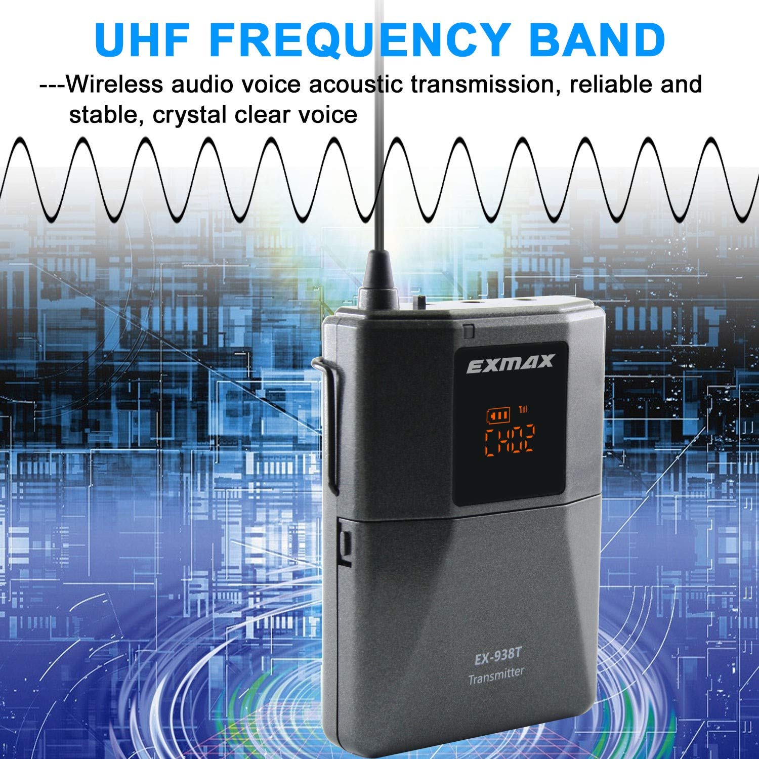 EXMAX EX-938 UHF Wireless Headset Microphone System - Tour Guide, Interpreter, Translator Device with In-Ear Monitoring for Church, Conference & Simultaneous Interpretation (UHF-938-Single Transmitter) | Perfect for Multilingual Events, Religious Services & International Meetings