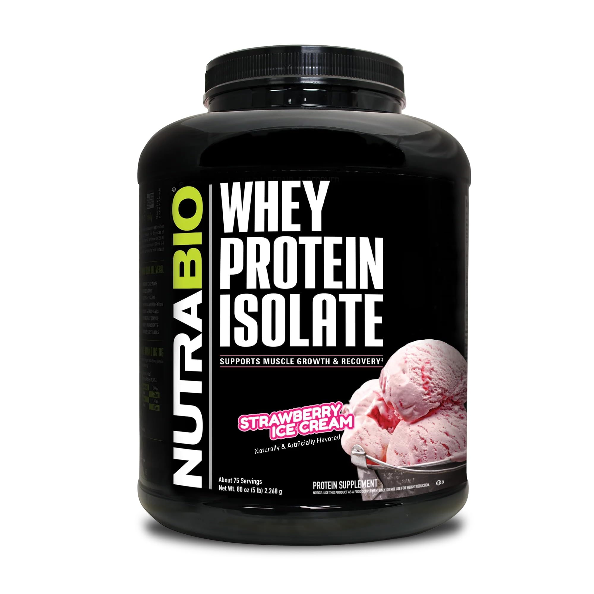 NutraBio Whey Protein Isolate Powder - 25g Protein Per Scoop, Complete Amino Acid Profile | Soy Free, Gluten Free, Non-GMO, No Fillers | Strawberry Ice Cream Flavor - 5 Pound Bag | Ideal for Post-Workout Recovery, Muscle Building & Healthy Lifestyle