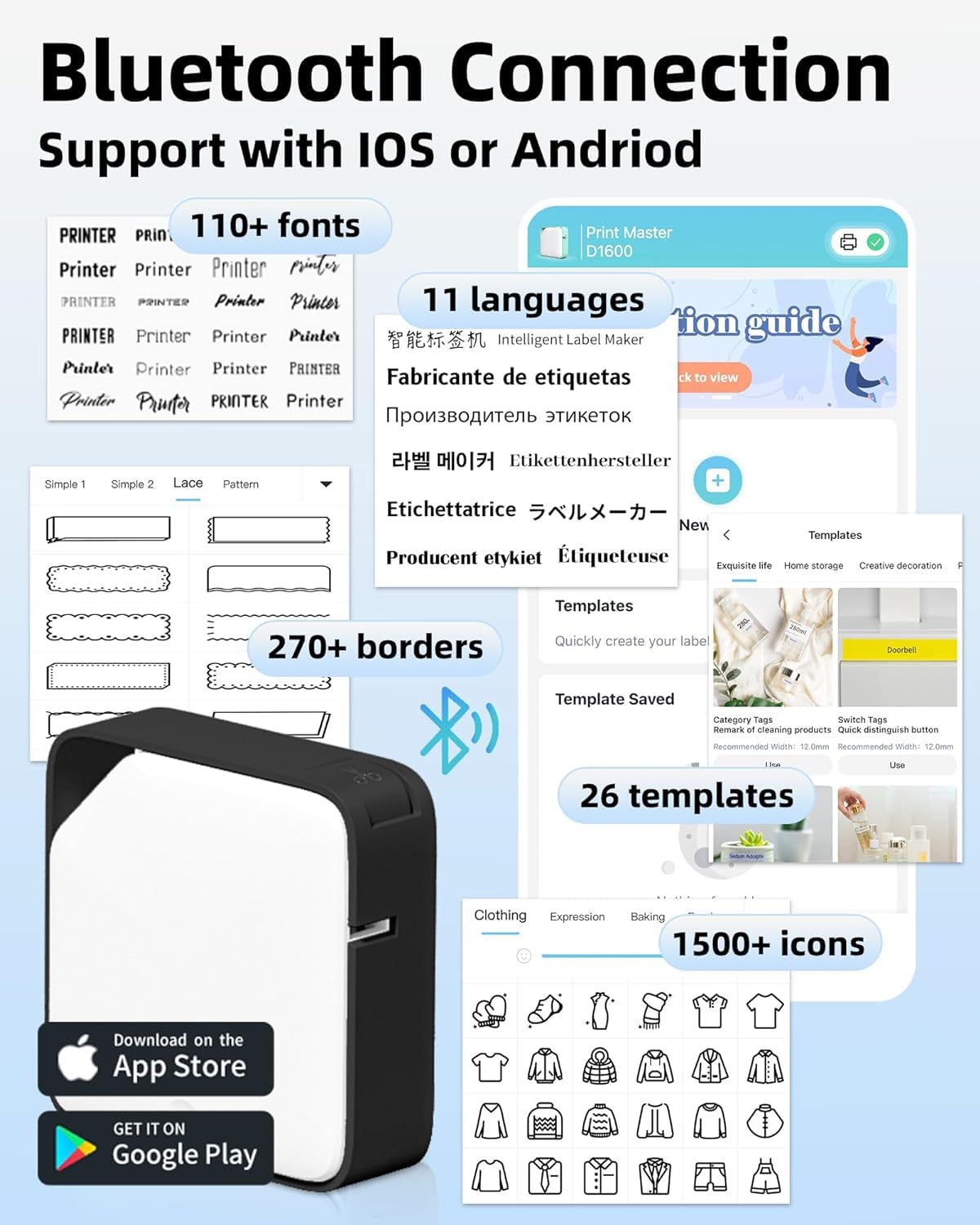 D1600 Portable Bluetooth Label Maker Machine - Wireless Label Printer for Home & Office Organization, Compatible with Android & iOS Phones, Inkless Rechargeable Handheld Labeler (Black) - Perfect for Pantry, Office Files, Craft Supplies & Storage Bins Labeling