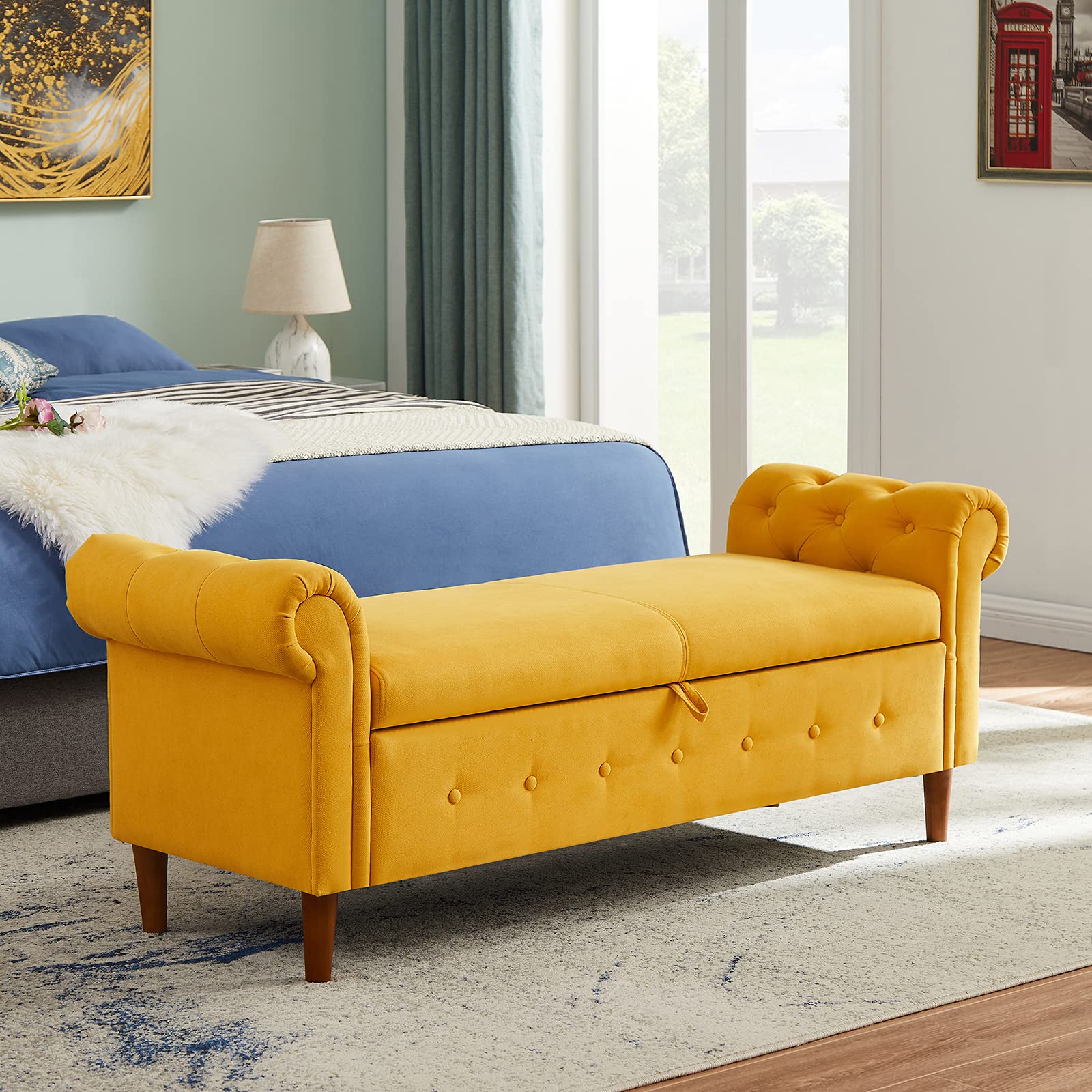 Modern Rolled Arm Storage Ottoman Bench - Multifunctional Rectangular Sofa Stool with Hidden Storage, Linen Upholstered Seat for Bedroom, Entryway, Hallway & Living Room (Yellow) - Perfect for Extra Seating, Footrest & Home Organization