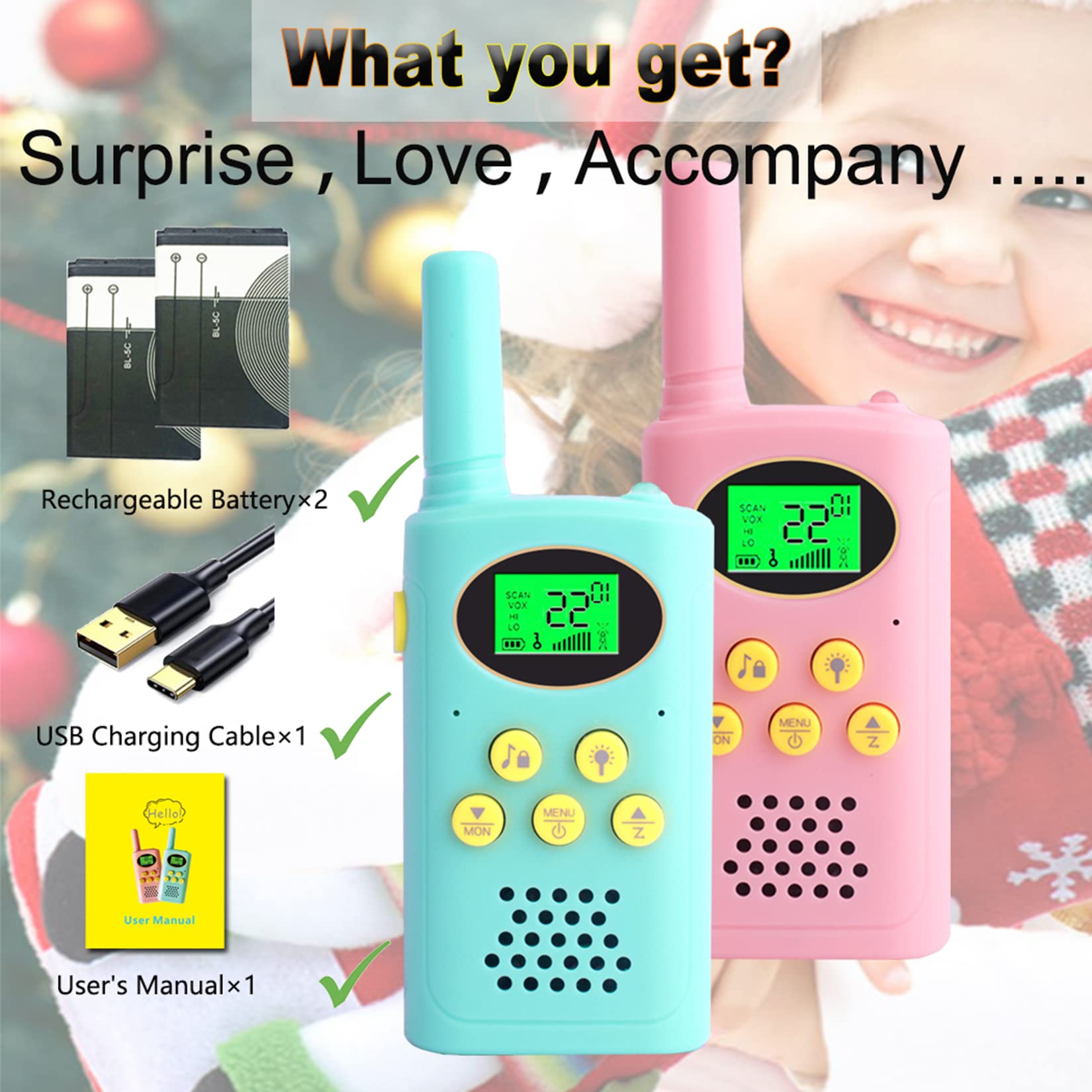 Rechargeable Walkie Talkies for Kids - 2 Pack Long Range 22 Channel Two Way Radios - Outdoor Toys for Boys & Girls Ages 3-12 - Perfect for Camping, Hiking, Birthday, Christmas & Easter Gifts (Blue & Pink) - Great for Family Adventures, Playdates & Emergency Communication