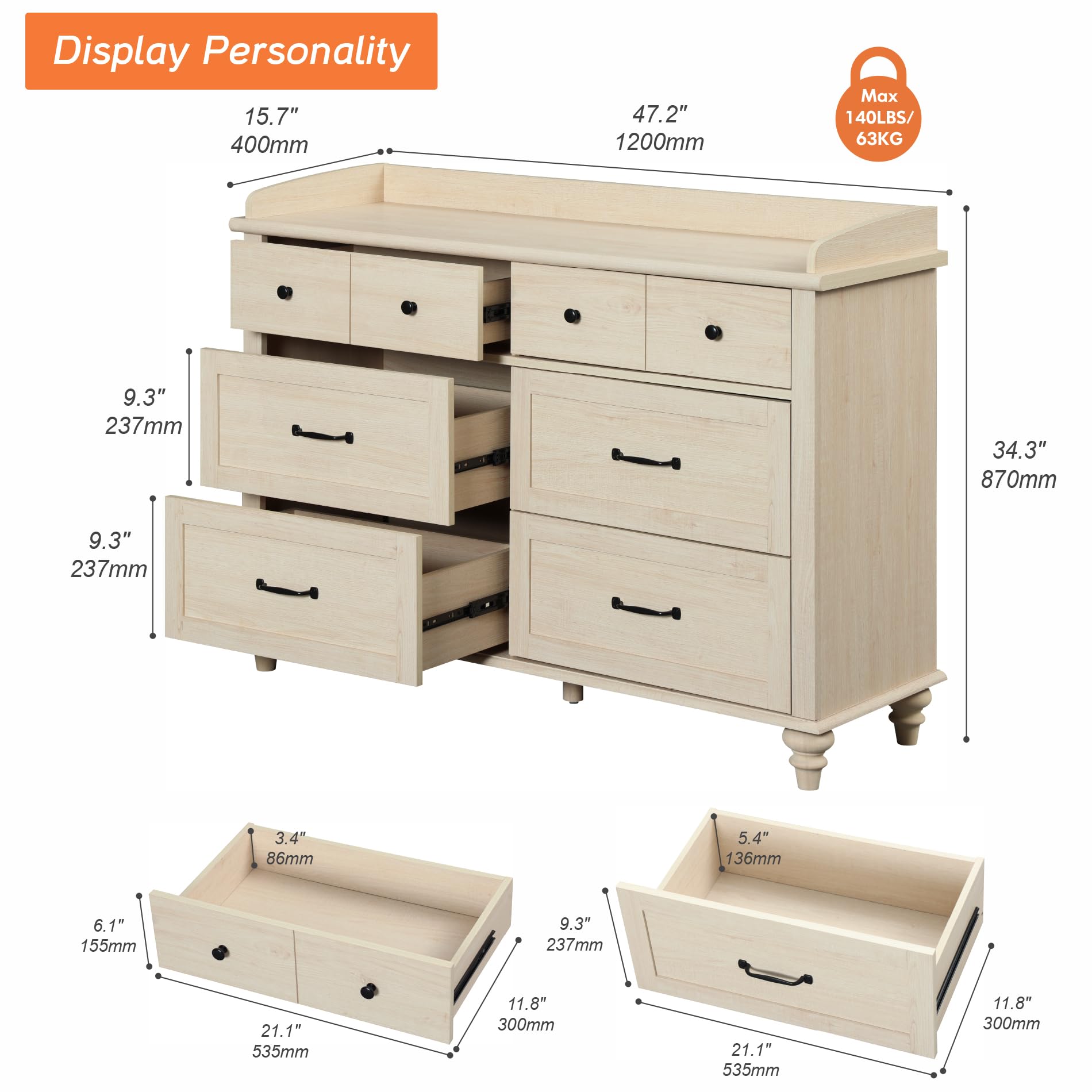 WAMPAT 6-Drawer Wooden Dresser for Bedroom - Solid Wood Legs Kids Chest of Drawers - Storage Organizer for Living Room & Entryway - Elegant Beige Dresser for Home Decor & Clothes Organization