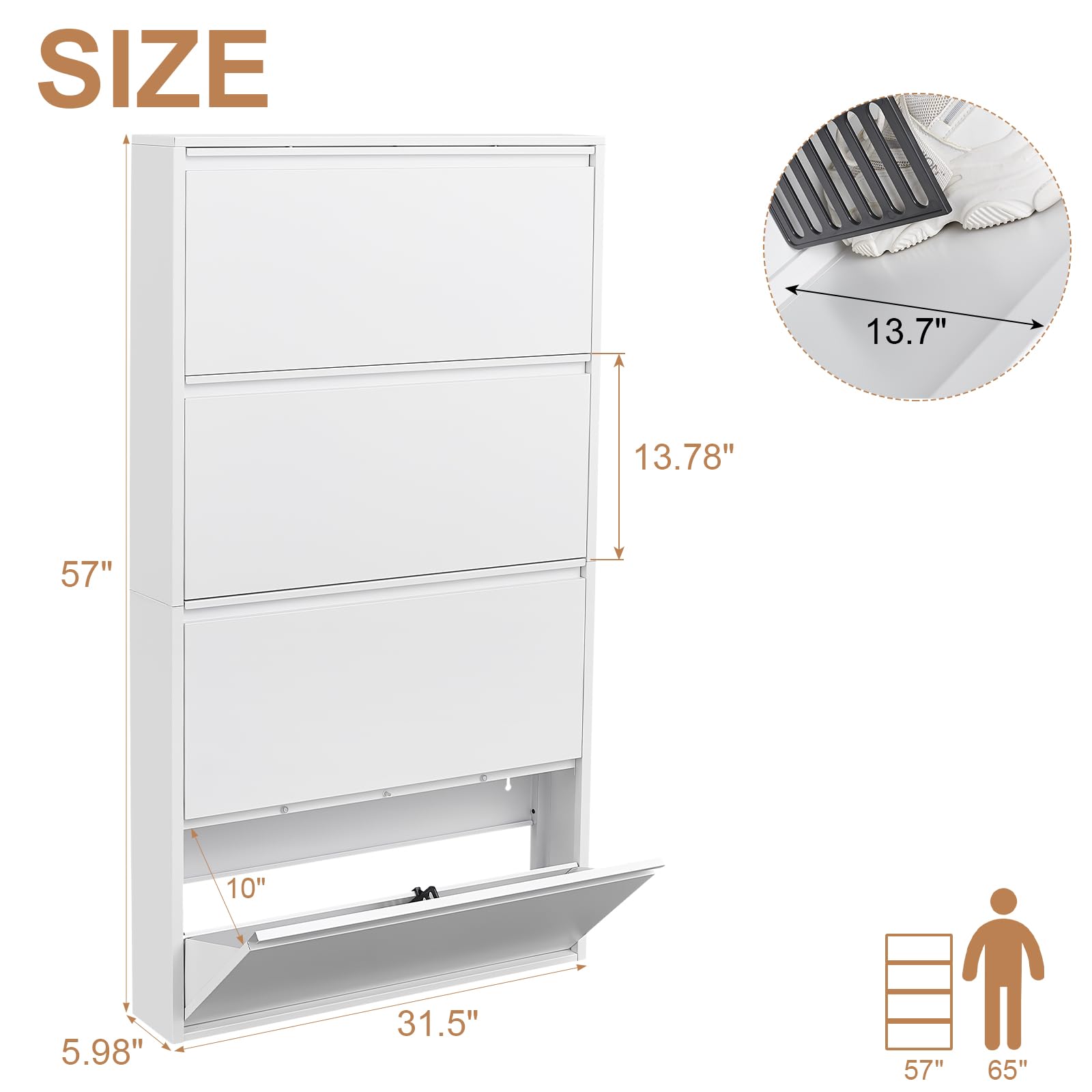 LucyPal 4-Tier Wall Mounted Shoe Storage Cabinet - White Narrow Flip-Drawer Shoe Organizer for Entryway, Hallway & Living Room (56.9