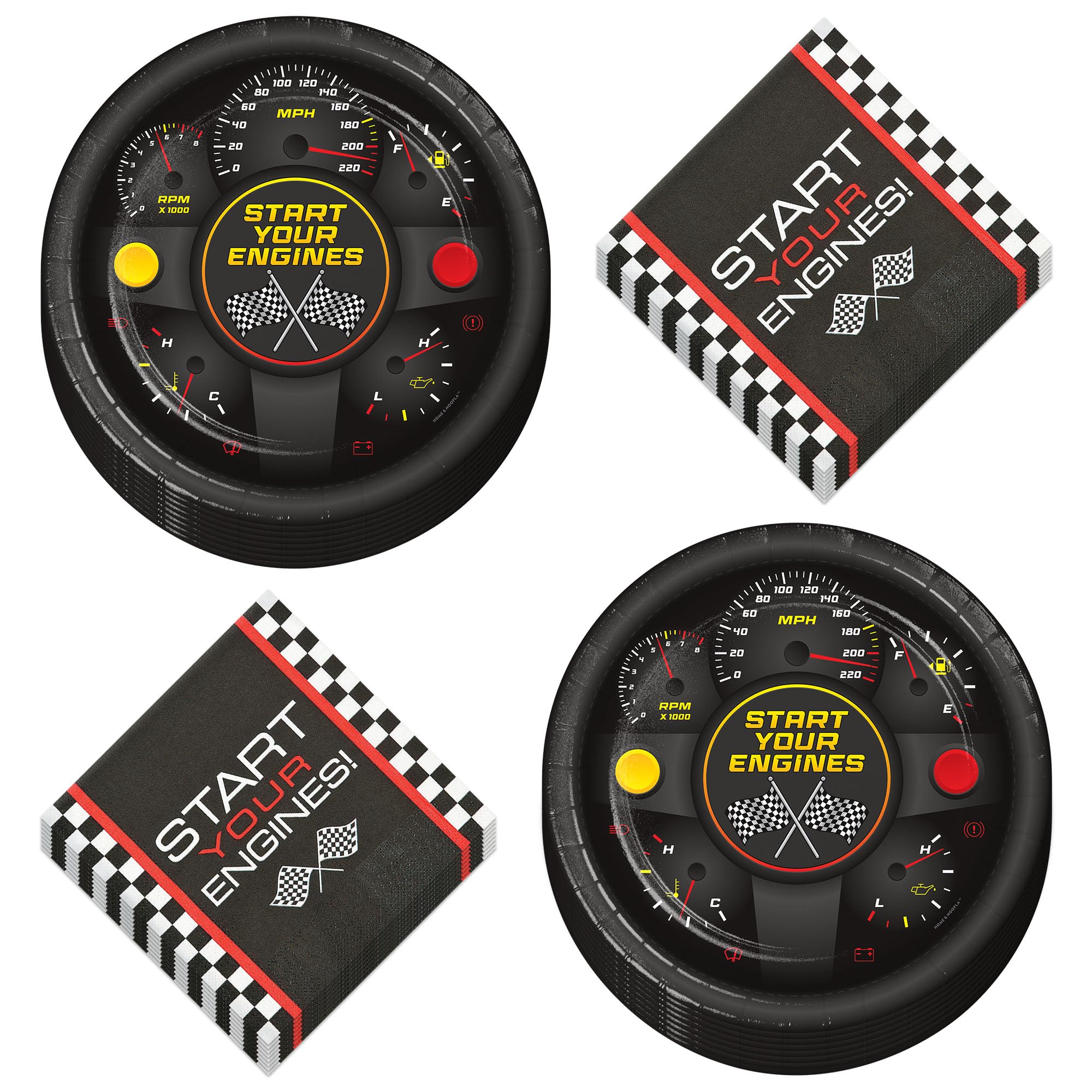Race Car Party Supplies Set - 16 Racing Themed Paper Dinner Plates & Checkered Lunch Napkins for Kids Birthday, Baby Shower & Themed Events | HOME & HOOPLA