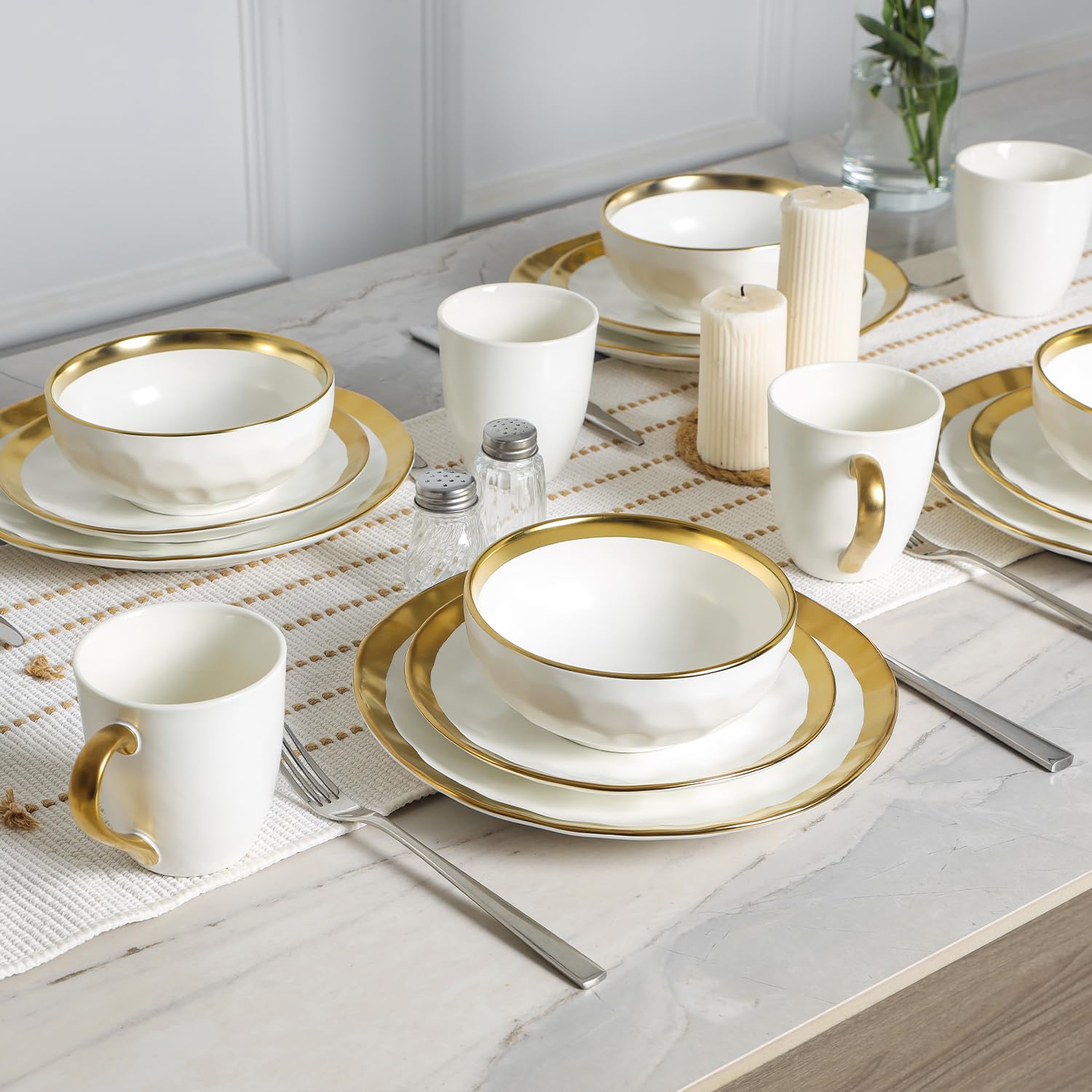 Vicrays 8 Inch Ceramic Dessert Salad Plates Set of 6 - Round Scratch Resistant Dishwasher Safe Appetizer Plates for Home & Restaurant Use - Elegant White with Gold Trim - Perfect for Dinner Parties, Weddings & Holiday Gatherings