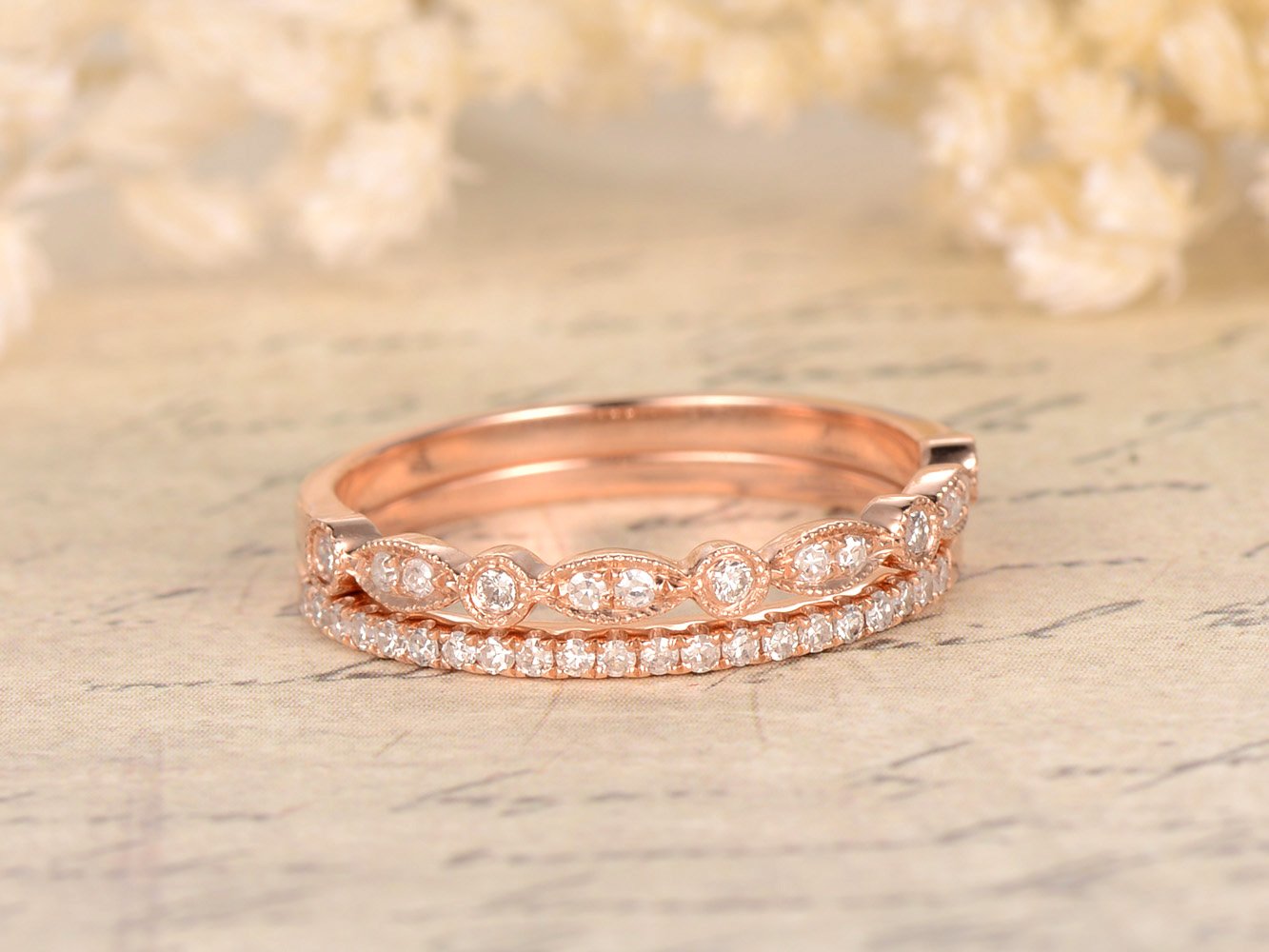14K Rose Gold Half Eternity Diamond Wedding Ring Set - Anniversary & Stacking Band for Women