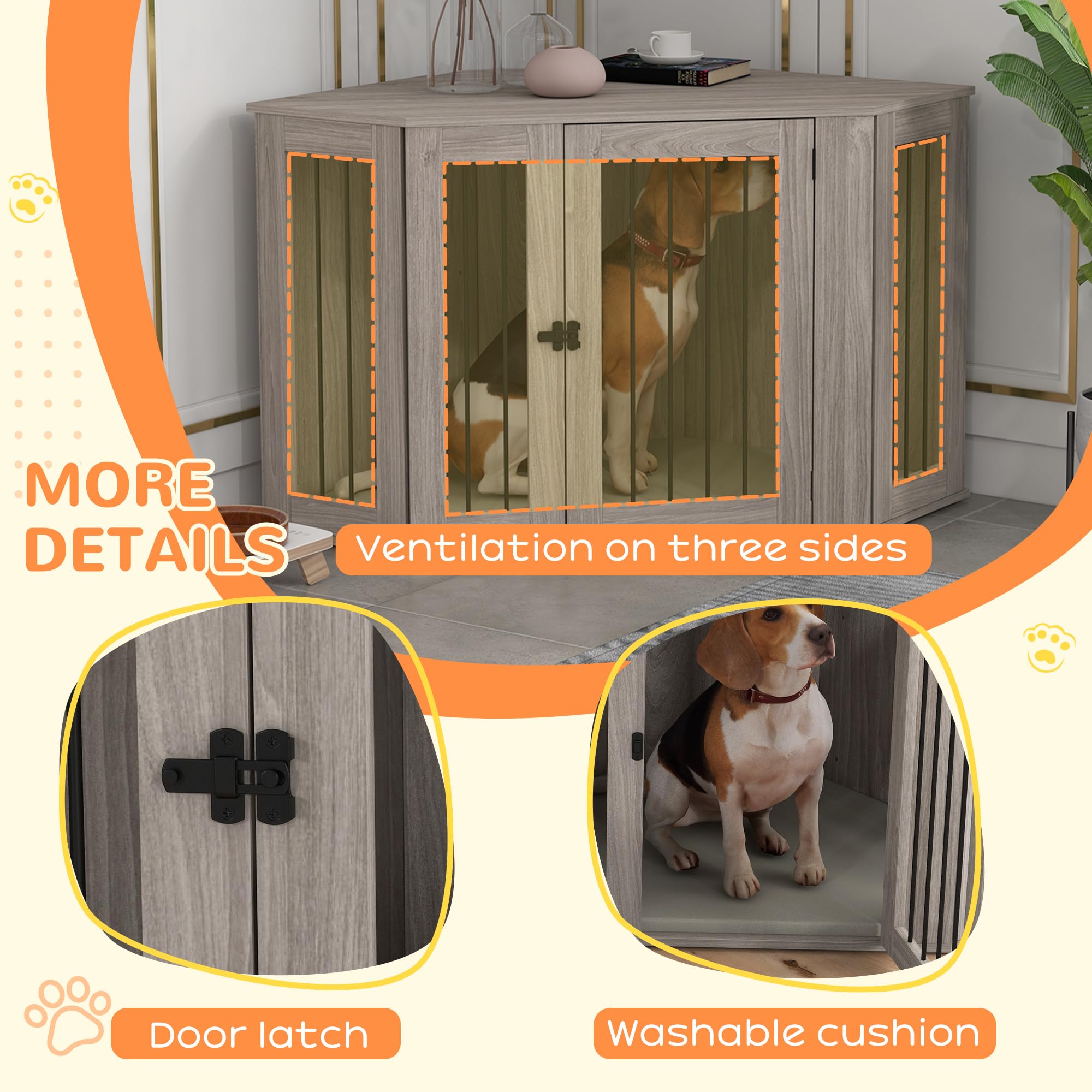 PawHut Wooden Dog Crate Furniture - Corner End Table Kennel with Cushion for Large Dogs | Indoor Pet Cage in Walnut Brown | Perfect for Living Room, Bedroom & Home Decor