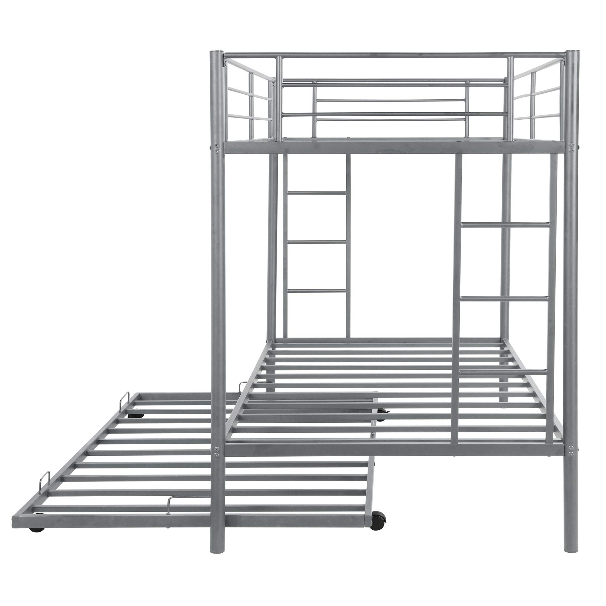LZ LEISURE ZONE Twin Over Twin Metal Bunk Bed with Trundle - Sturdy Kids & Teens Bunk Bed Frame, No Box Spring Required (Silver) - Perfect for Small Bedrooms, Guest Rooms & Sleepovers