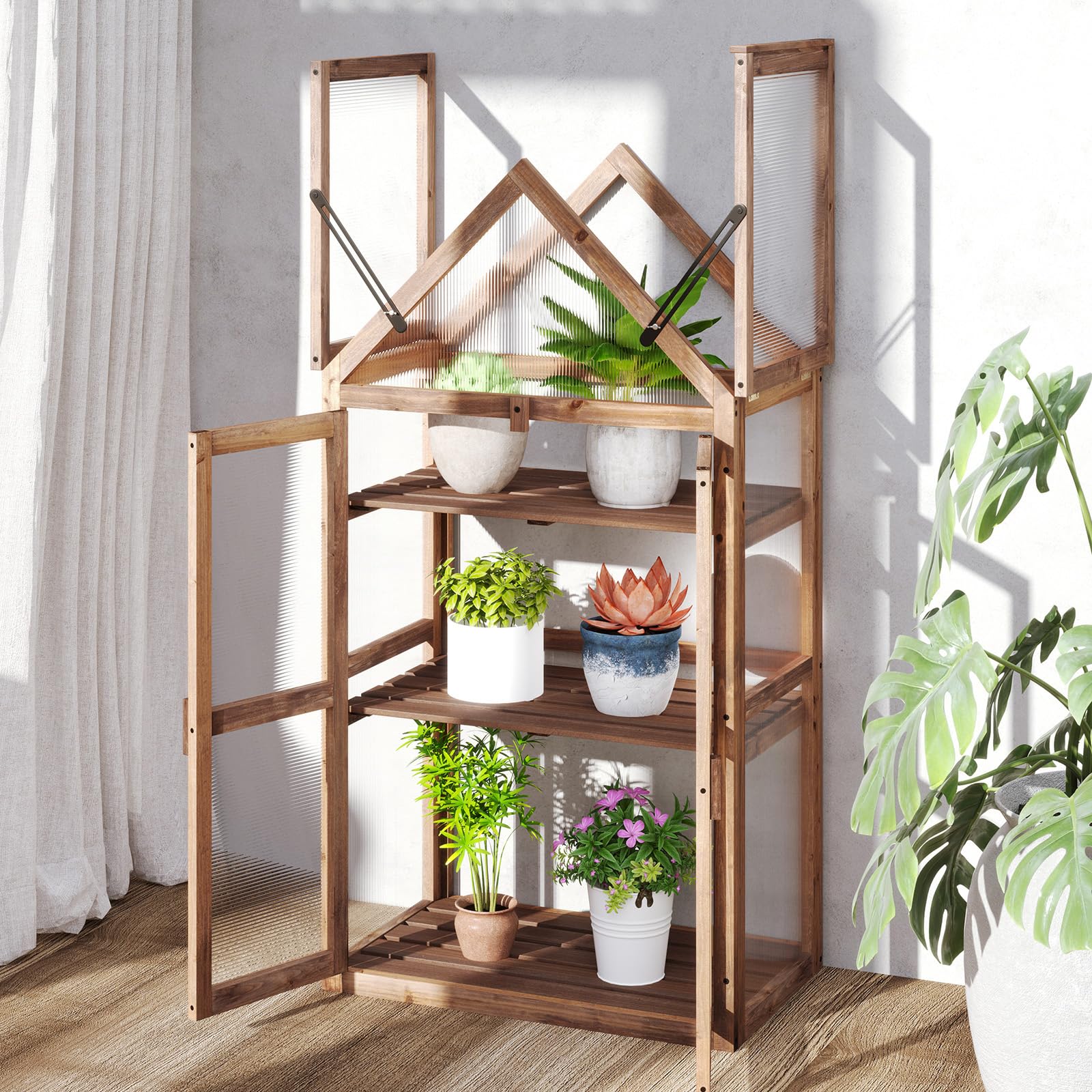 Happygrill Cold Frame - Mini Wooden Greenhouse with Transparent Openable Roof, Raised Flower Planter Shelf & 3 Adjustable Shelves, Polycarbonate Panels - Indoor/Outdoor Small Wood Greenhouse Cabinet for Gardening, Seed Starting & Plant Protection