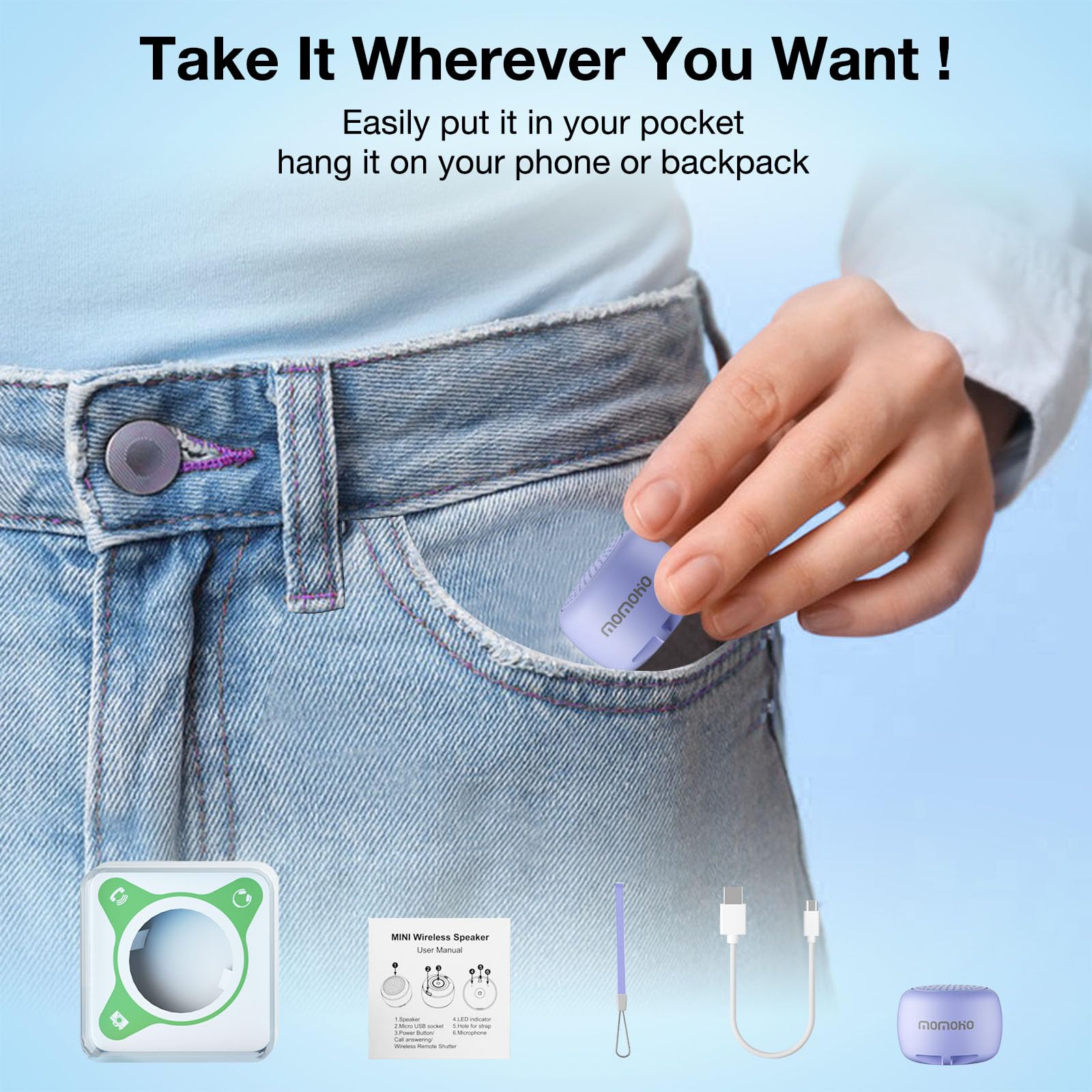 Portable Mini Bluetooth Speaker with Remote Shutter - Wireless Tiny Speaker for Indoor & Outdoor Use, Perfect for Travel, Parties, and Home Entertainment (Purple)