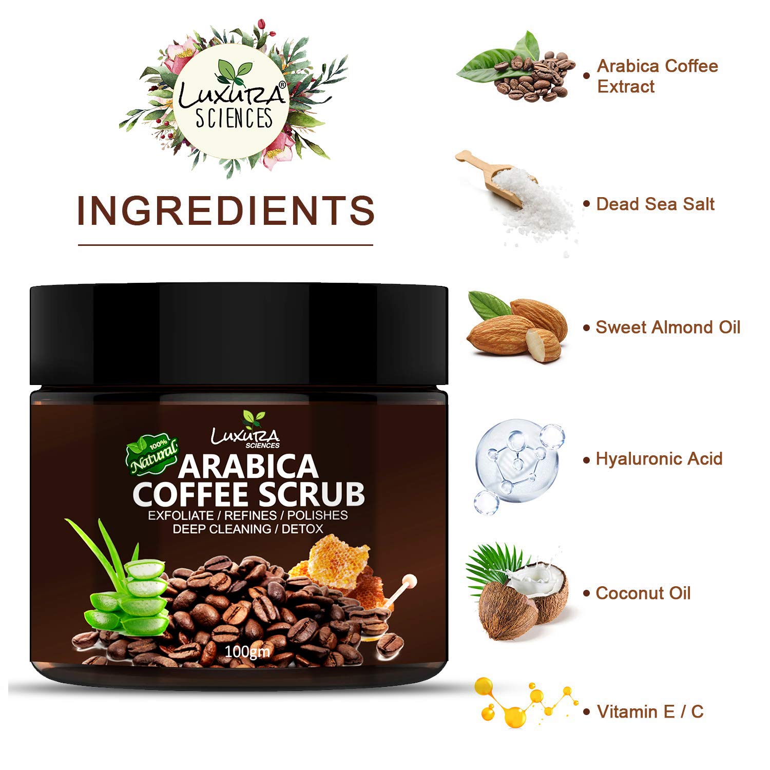 Luxura Sciences Natural Arabica Coffee Scrub for Face - 100g Skin Detox, Exfoliates & Refines | Face Perfection | Energizing Facial Scrub for Glowing Skin | Perfect for Morning Routine & Spa Day Self-Care