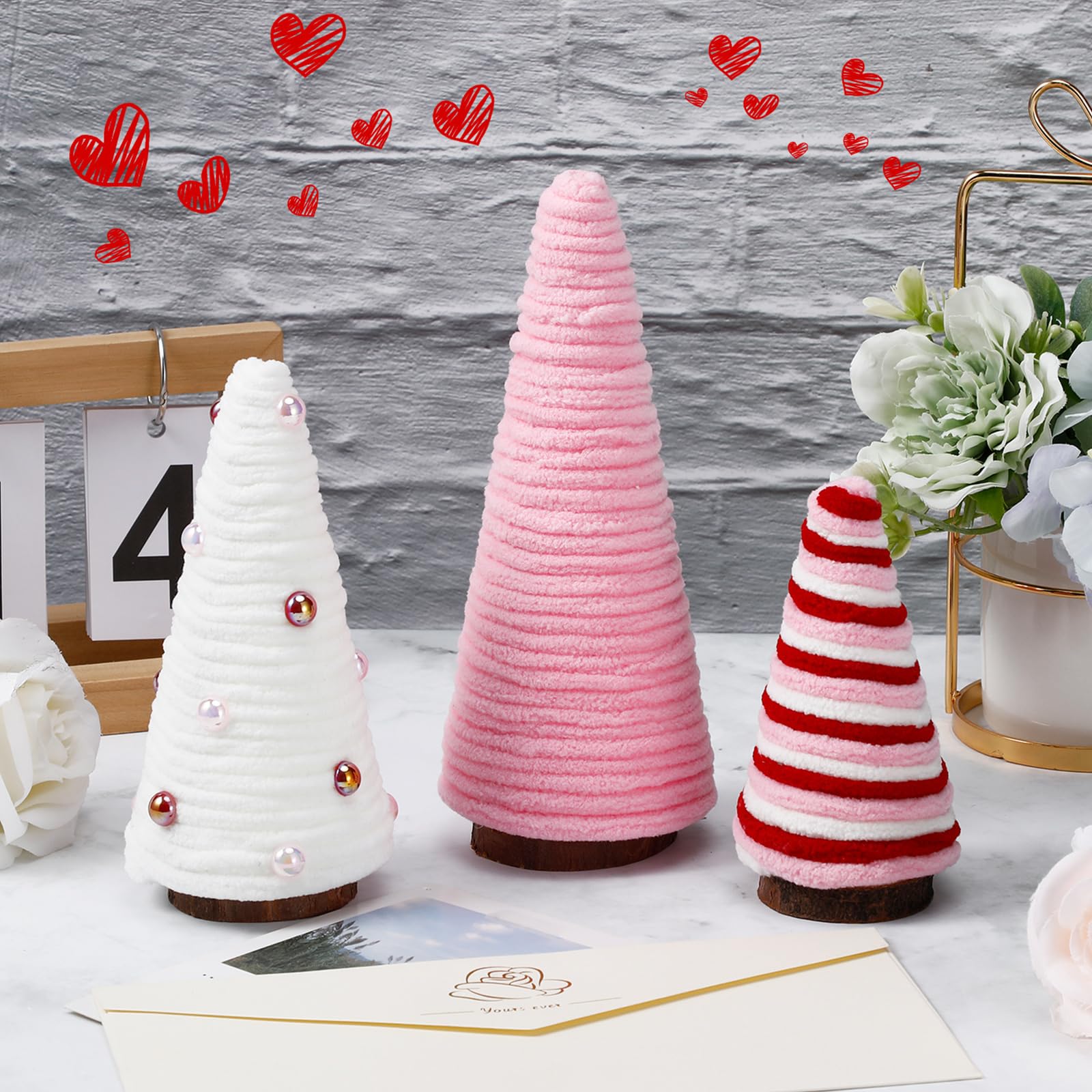 3 Pack Pink & White Yarn Wrapped Mini Trees - Valentine's Day Table Decor, Farmhouse Tiered Tray & Shelf Decorations, Romantic Centerpiece for Kitchen, Living Room & Indoor Spaces - Perfect for Valentine's Gifts & Home Décor