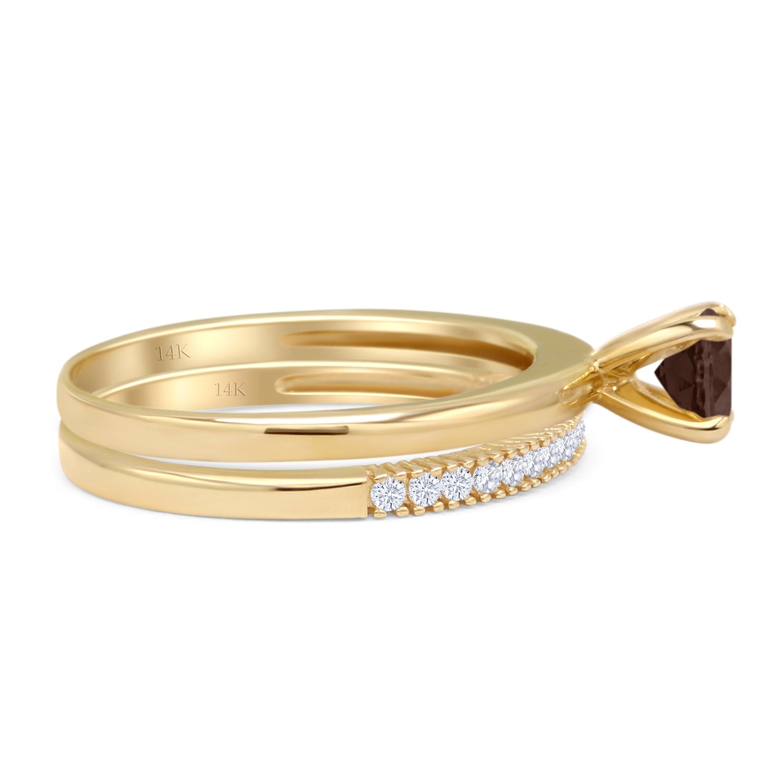 14K Yellow Gold Two-Piece Round Natural Chocolate Smoky Quartz Half Eternity Wedding Band - Elegant Bridal Ring Set for Engagement, Anniversary & Special Occasions