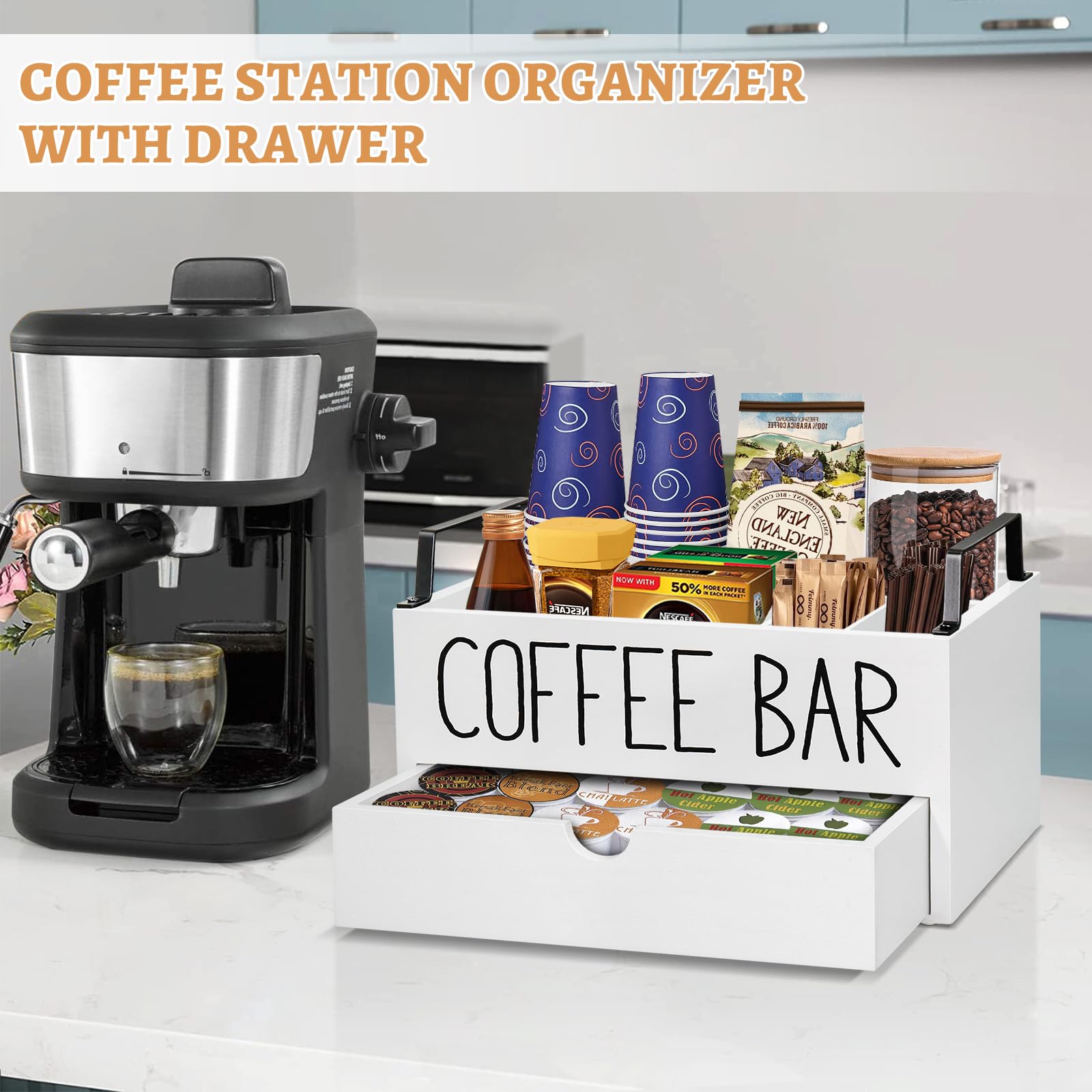 Wooden Coffee Station Organizer with Drawer - Farmhouse Style K-Cup Pod Holder & Storage Box with Handle - Perfect for Coffee Bar Decor & Kitchen Counter Organization - Ideal for Home, Office, or Cafe Use