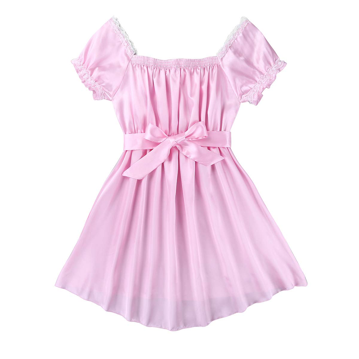 JEATHA Men's Satin Maid Nightdress - Frilly Lace Trim High-Low Hem Crossdressing Lingerie Sleepwear for Cosplay, Role Play & Nightwear