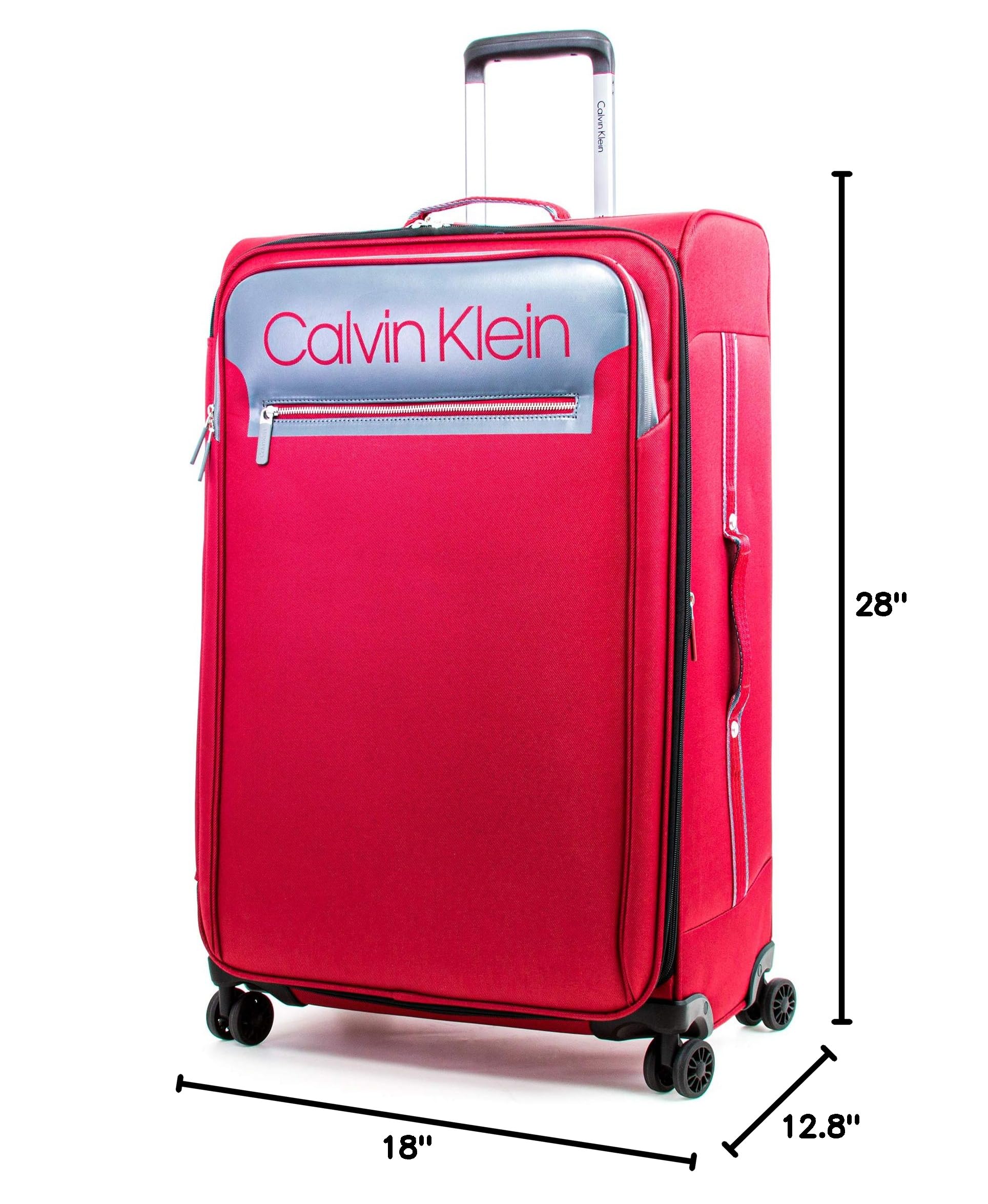 Calvin Klein Flare Softside Spinner Luggage 29 Inch - Lightweight Expandable Suitcase with 360° Wheels, Grey/Red | Perfect for Business Travel & Family Vacations