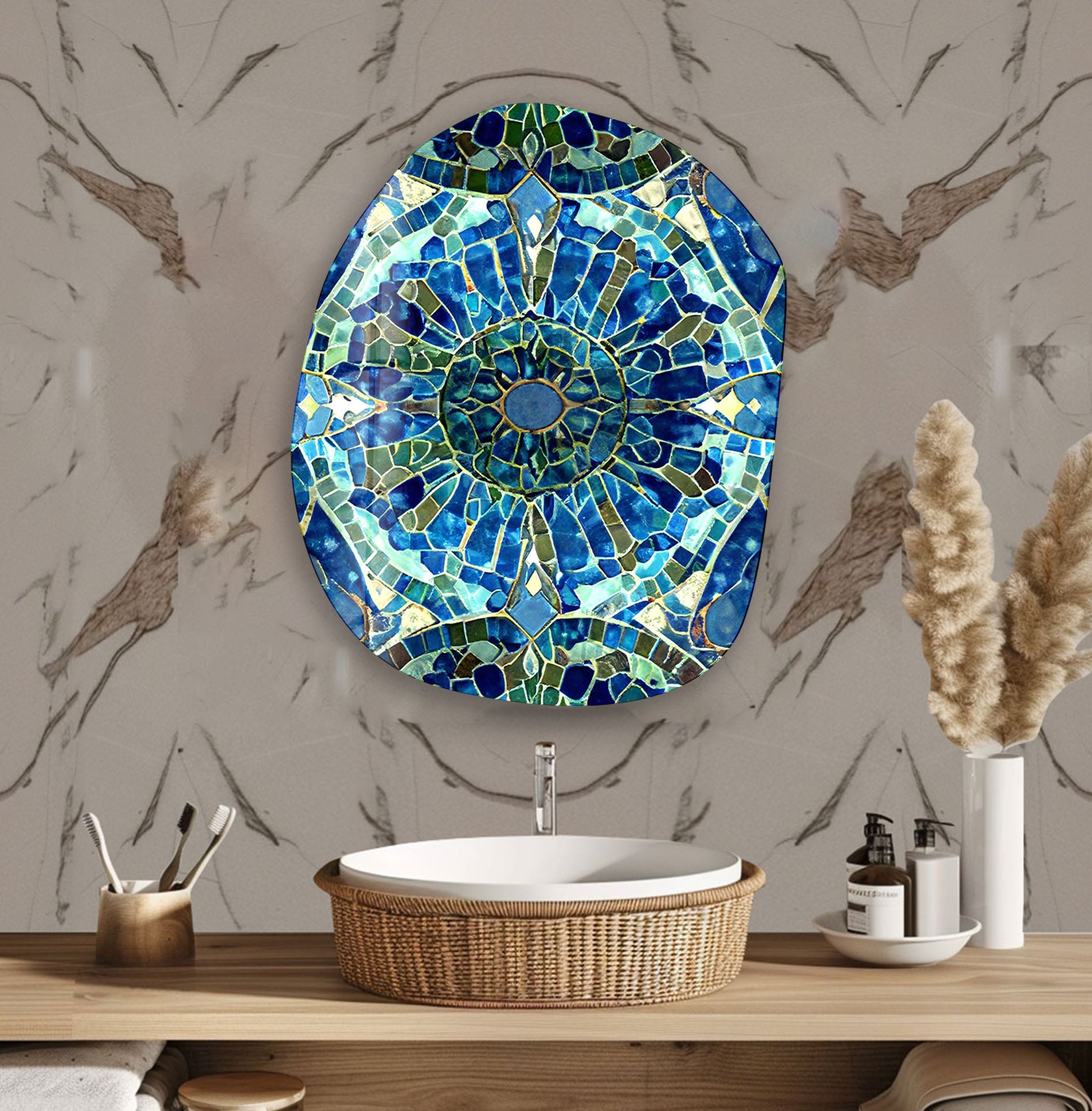 Blue Stained Glass Wall Art - Handcrafted Printing Decor for Home & Office - Perfect for Living Room, Bedroom, and Gift Giving