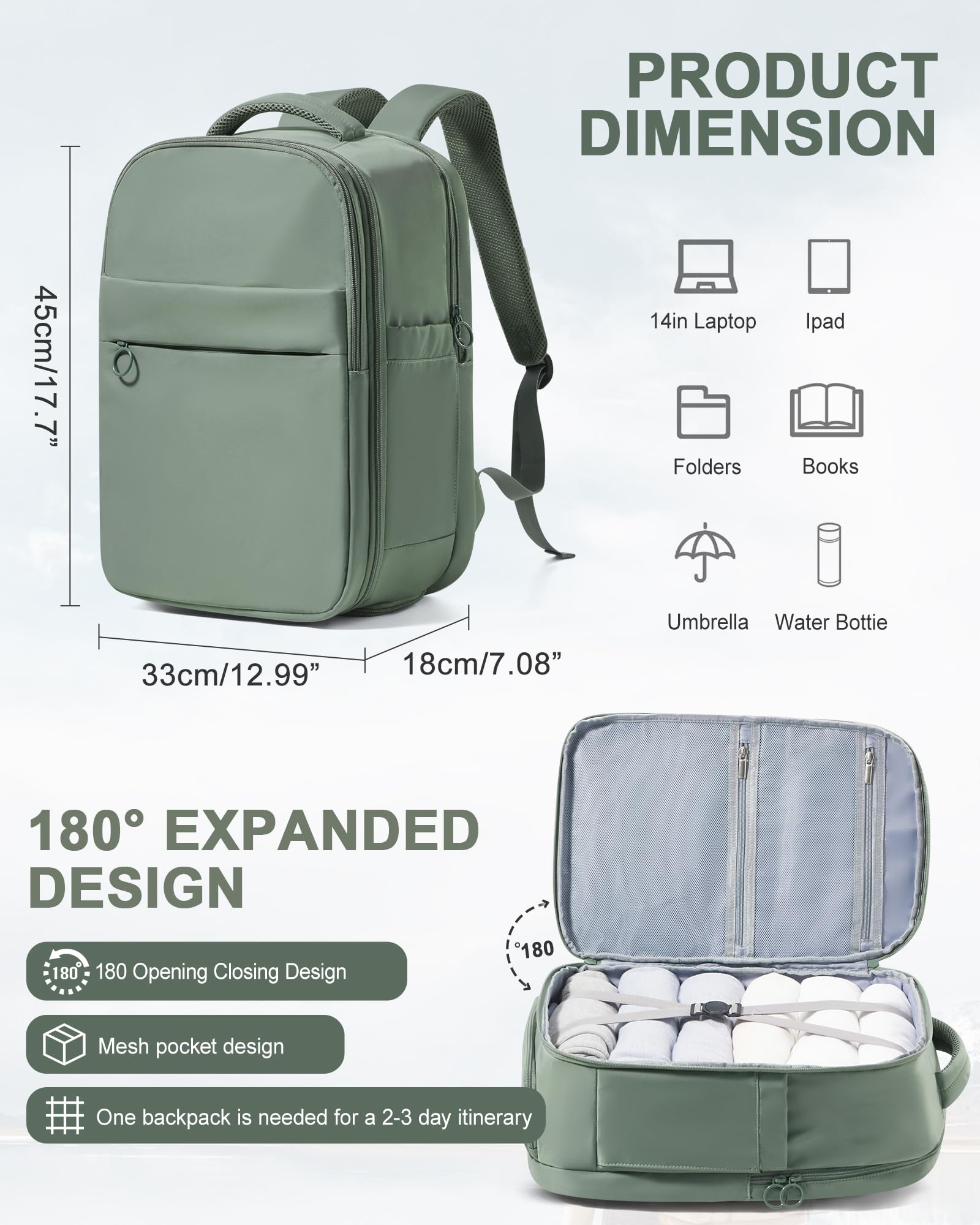 Women's Waterproof Travel Backpack - TSA Approved Carry On Backpack with Shoe Compartment & Flight Essentials | Perfect for Airplane Travel, Business Trips & Weekend Getaways | Green