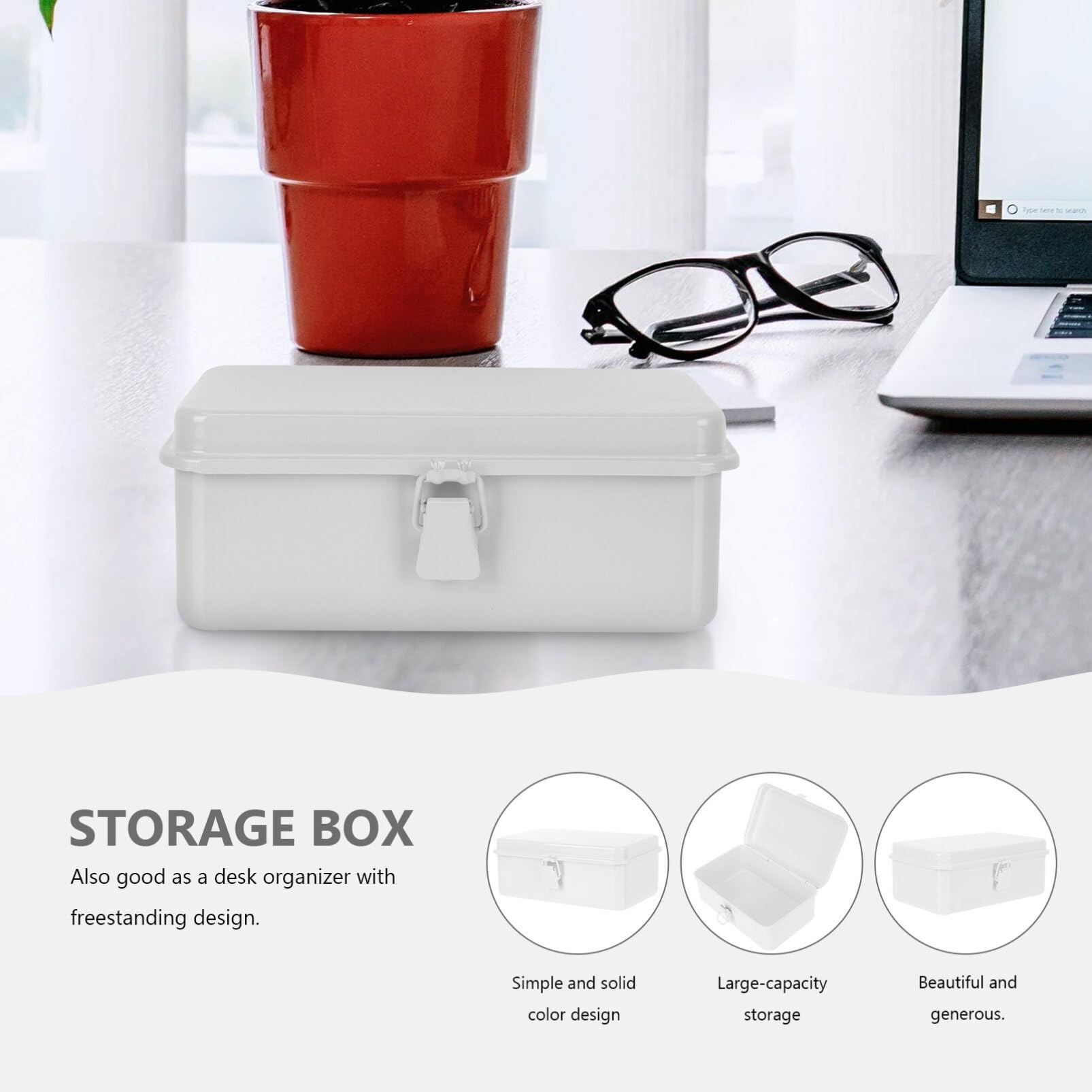 Cabilock Metal Hinged Locking Tin Box - Secure Storage Container for Chocolate, Candy, Tea, Coffee, Jewelry & Photos | White Tinplate Desktop Organizer for Home & Office Use