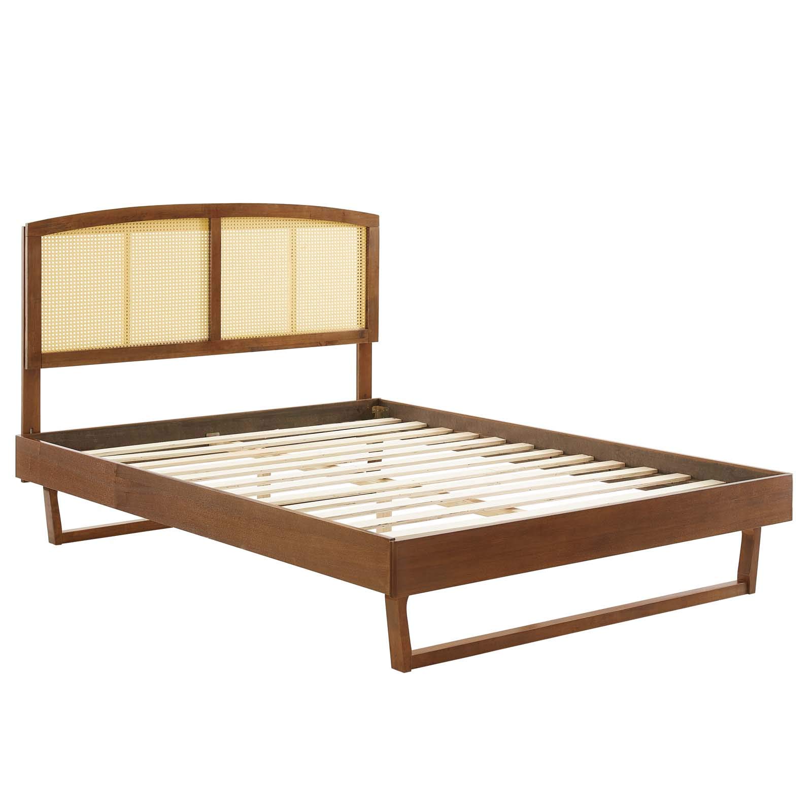 Modway Sierra Cane & Wood Queen Platform Bed with Angular Legs - Walnut Finish | Modern Minimalist Bed Frame for Bedroom, Guest Room & Dorm