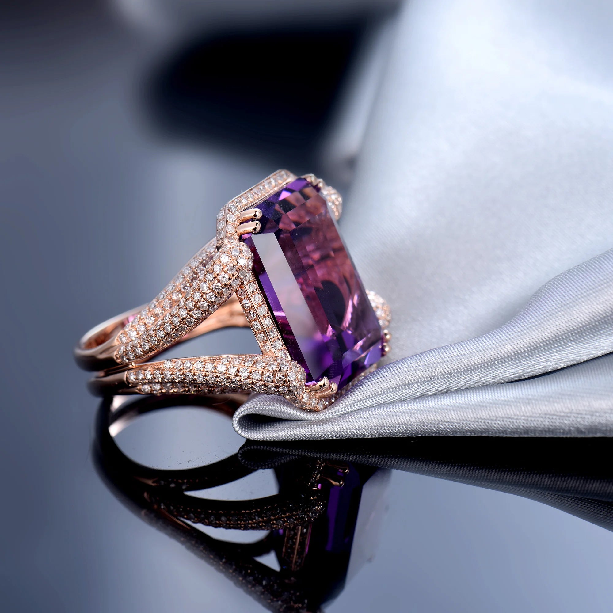 Exquisite 14K Rose Gold Emerald Cut Amethyst Ring with Diamond Accents - Perfect for Engagement, Anniversary & Special Occasion Gifts