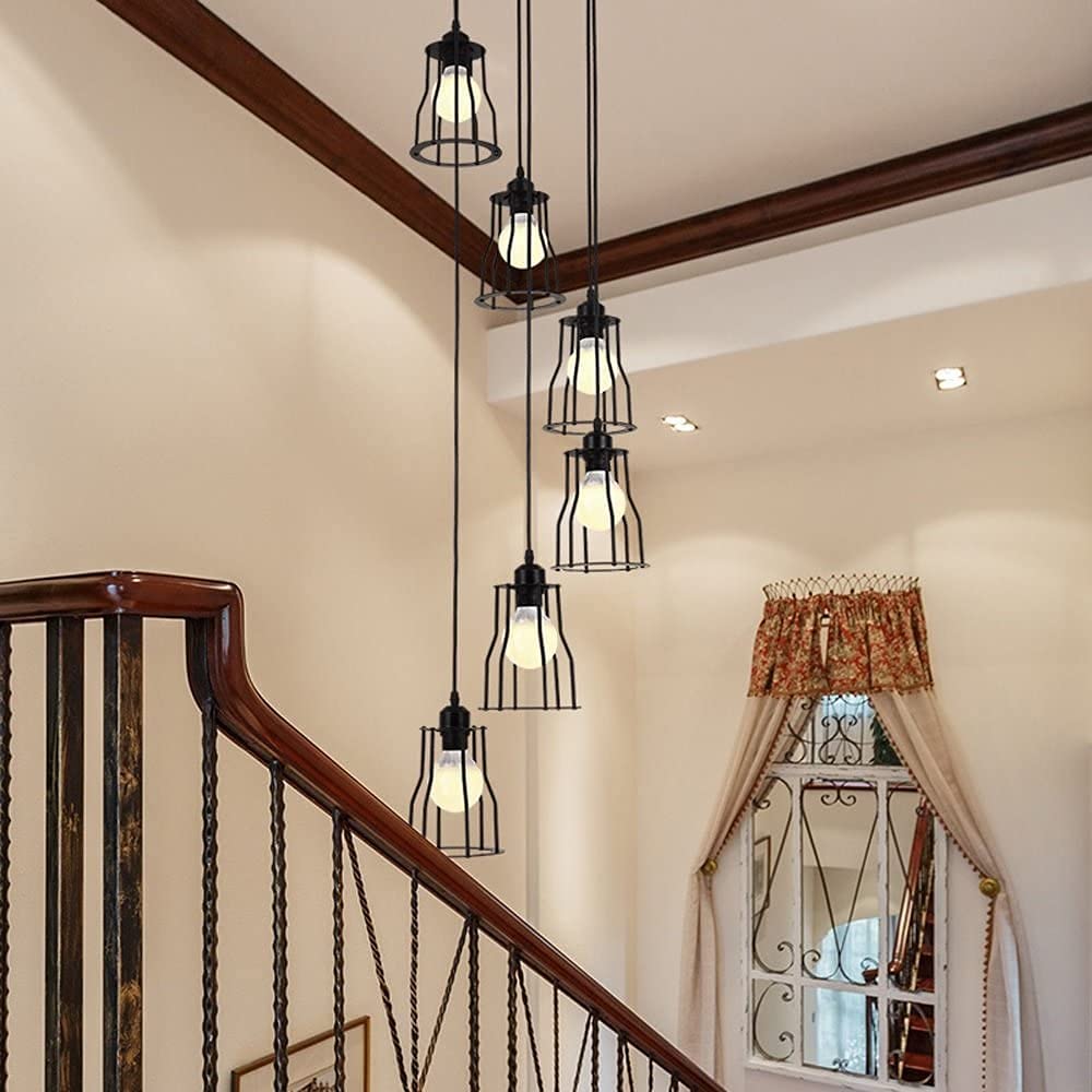 Modern 6-Light Black Glass Chandelier - Elegant Pendant Lighting Fixture for Kitchen Island, Dining Room & Foyer | Clear Glass Long Hanging Light for Contemporary Home Decor