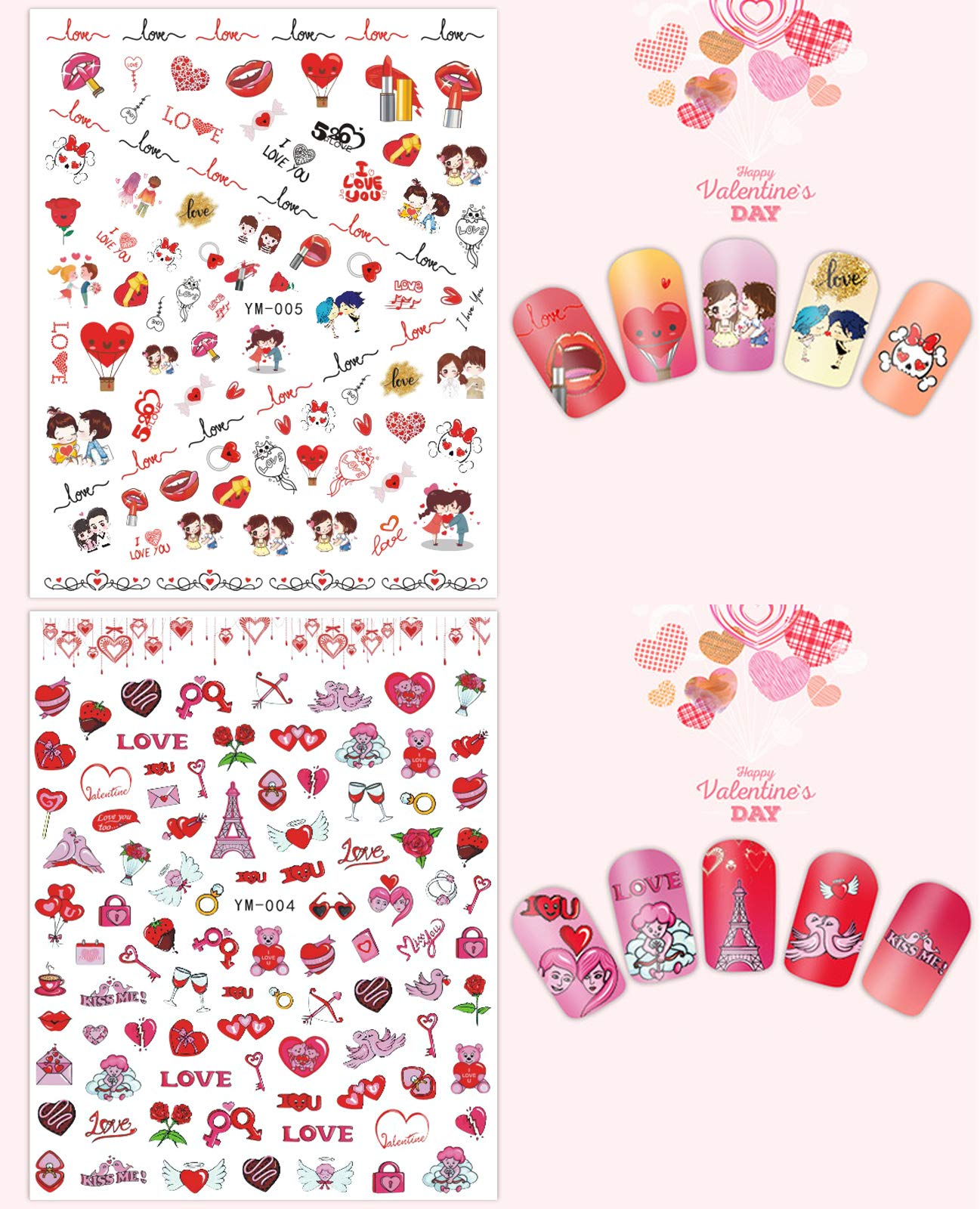 3D Heart Nail Stickers for Valentine's Day - Self-Adhesive Nail Art Decals with Love Kiss, Angel & Baby Designs for Women, Girls & Kids (12 Sheets) - Perfect for Valentine's Gifts, Date Nights & Nail Salon Decorations