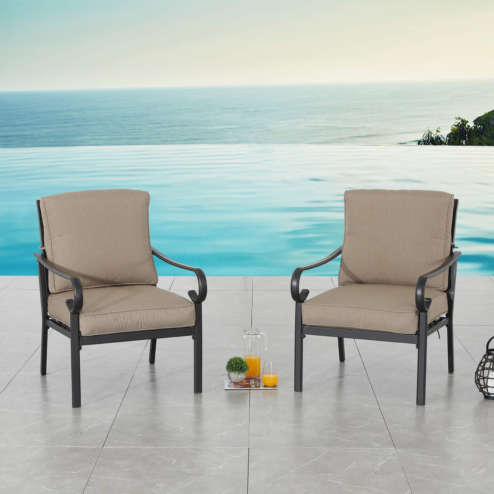 2-Piece Patio Dining Chairs Set - All-Weather Metal Bistro Armchairs with Cushions for Outdoor Porch, Deck, Garden & Backyard - Khaki - Perfect for Relaxing, Entertaining & Dining Al Fresco
