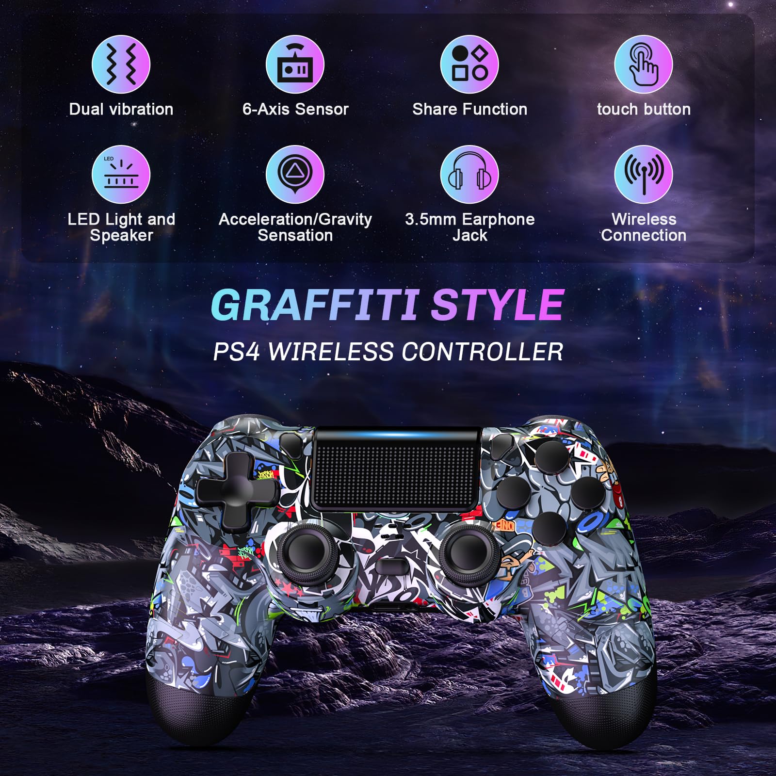 Wireless PS4 Controller Compatible with PS4/PS4 Slim/PS4 Pro - Dual Shock Vibration, 6-Axis Motion Sensor, Built-in Audio - Perfect for Gaming, Streaming & Long Play Sessions