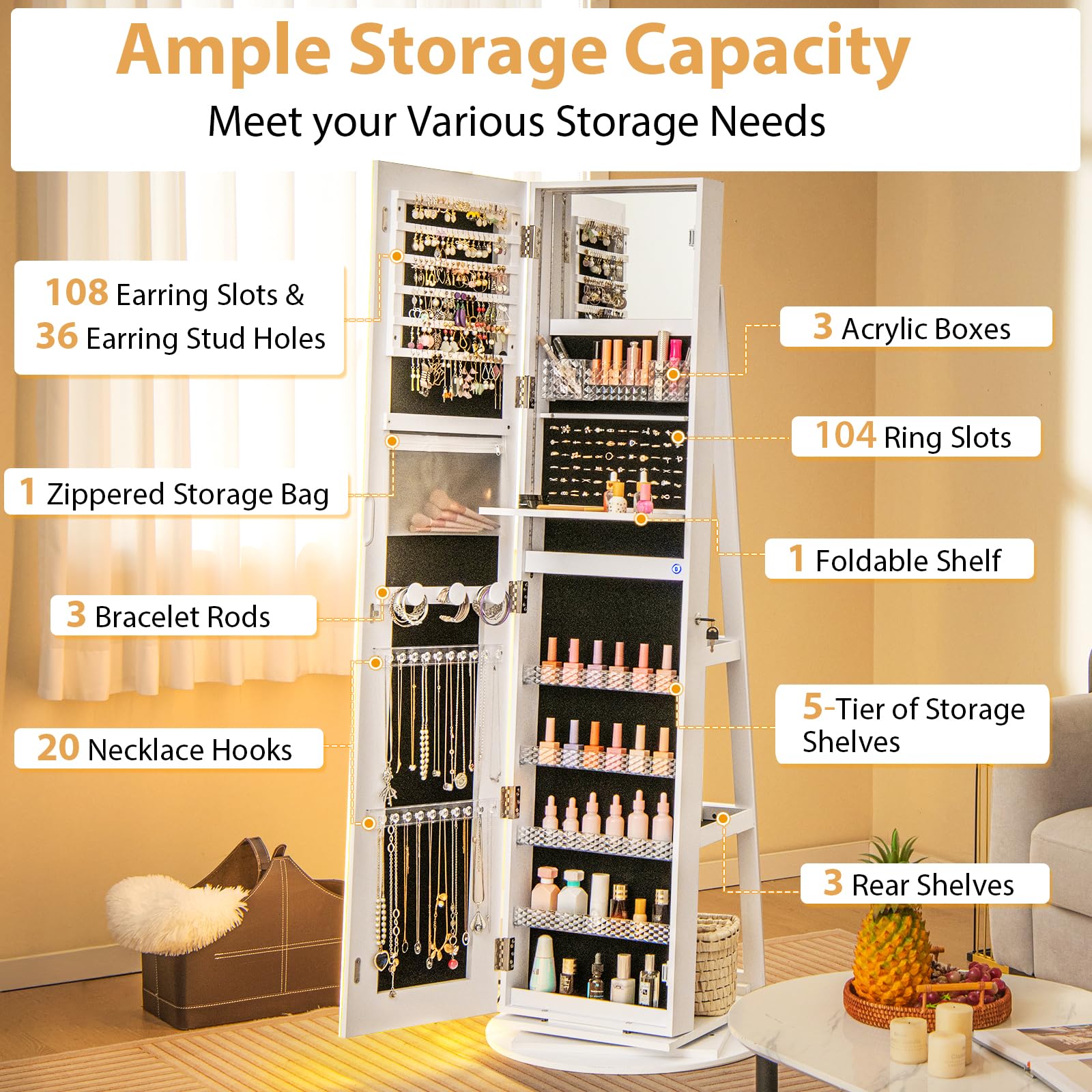 GOFLAME 360° Swivel Jewelry Cabinet with Full-Length Mirror - Jewelry Storage Organizer with LED Lights, Foldable Shelf & Interior Mirror - White | Perfect for Bedroom, Closet & Dressing Room Organization