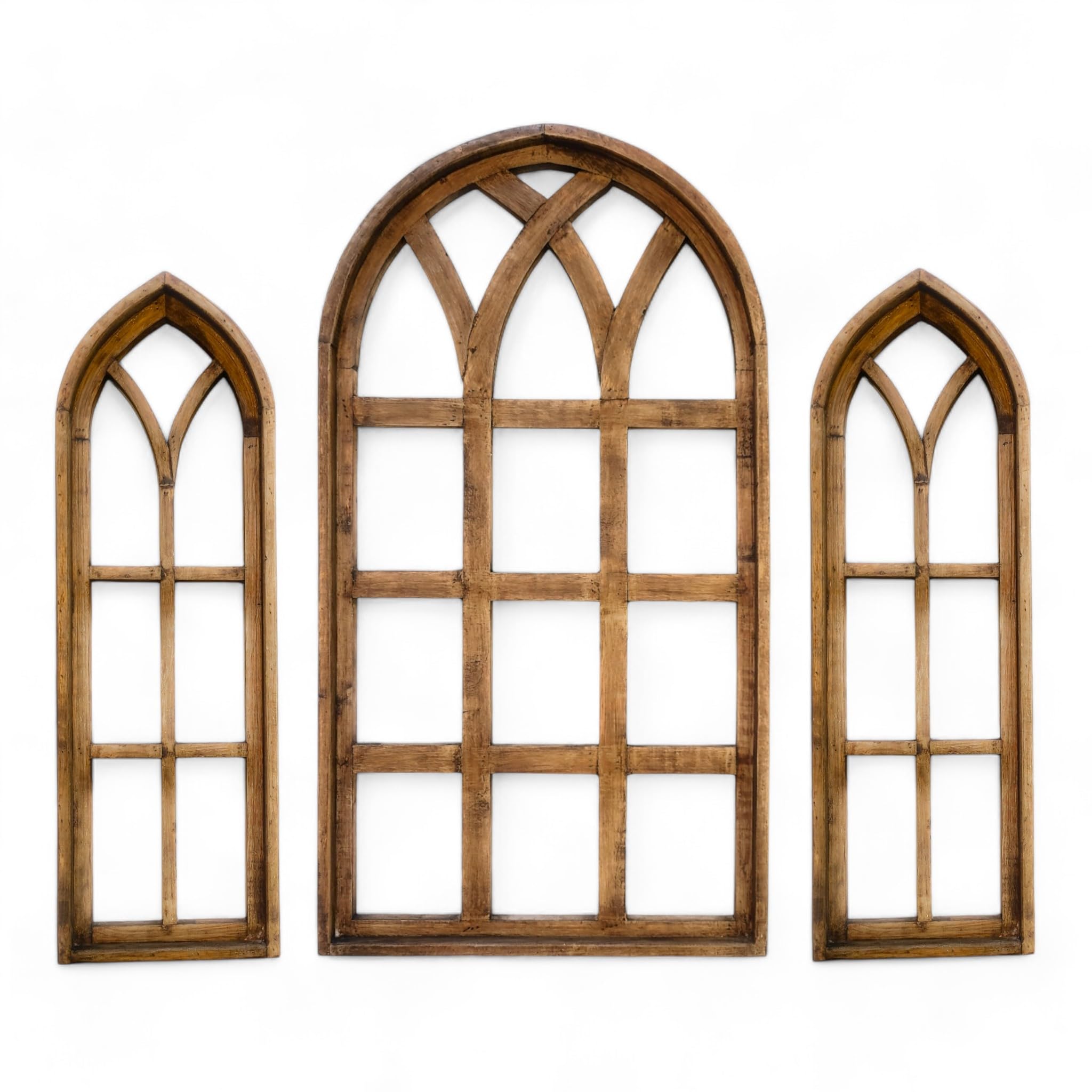 Set of 3 Rustic Brown Ash Wood Cathedral Window Arches - Farmhouse Sunset Grove Collection | Perfect for Home Decor, Wedding Backdrops & Photo Props