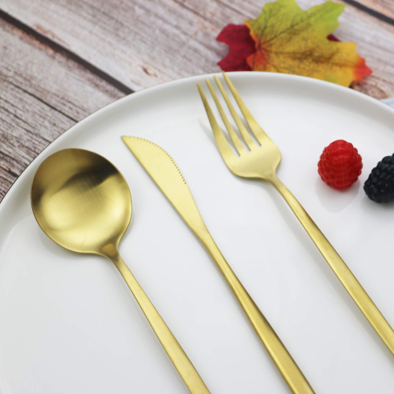 Premium 40-Piece JASHII Gold Silverware Set - 304 Stainless Steel Flatware Cutlery Set for 8 (Forks, Knives, Spoons) - Matte Finish & Satin Tableware - Dishwasher Safe for Home, Restaurant & Dinner Parties - Elegant Dining Set for Weddings, Holidays & Fine Dining Experiences
