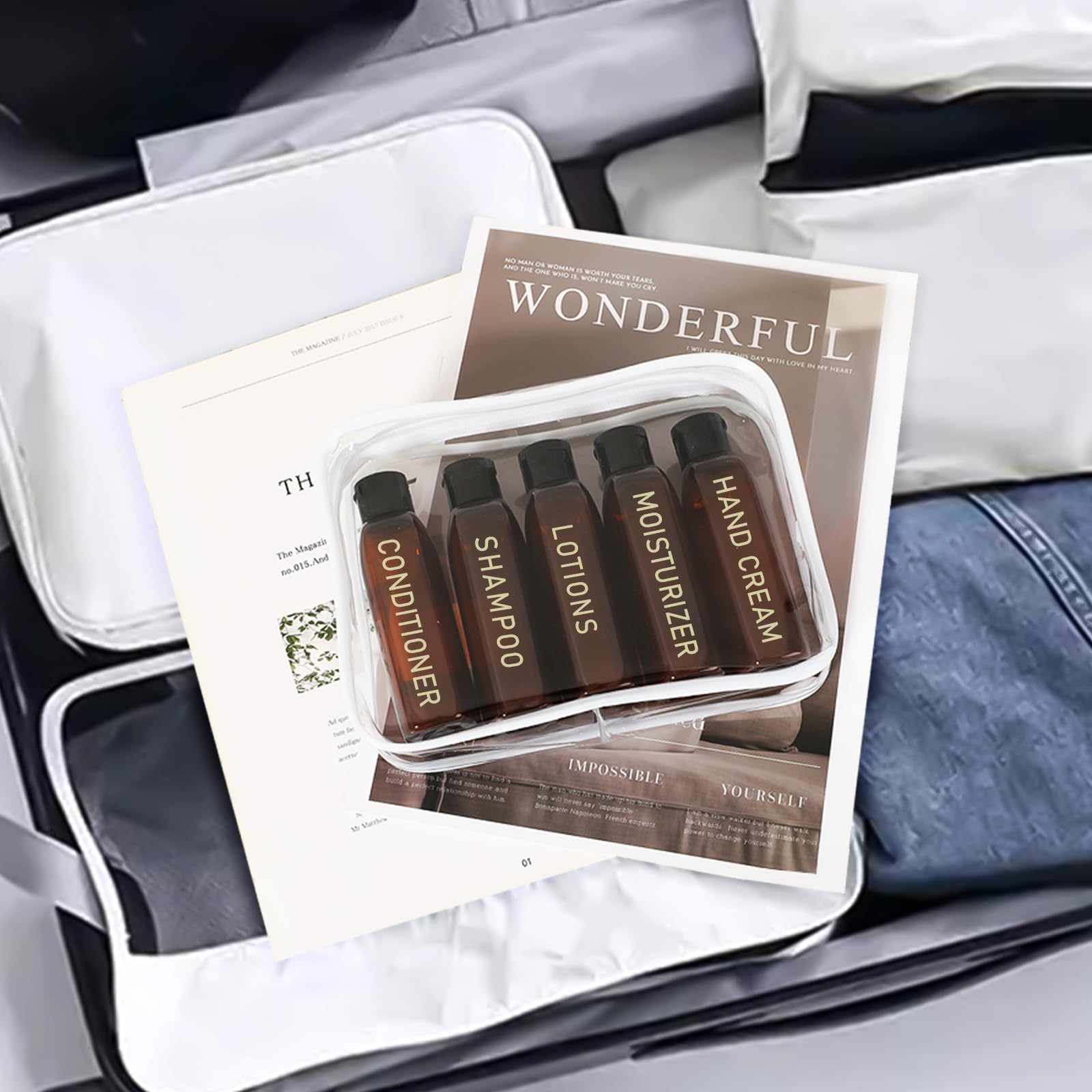 5 Pack TSA Approved Travel Bottles for Toiletries - 3.4oz Leak Proof Refillable Containers for Shampoo, Conditioner & Cosmetics - Includes Toiletry Bag & Labels - Perfect for Air Travel, Gym & Vacation Essentials