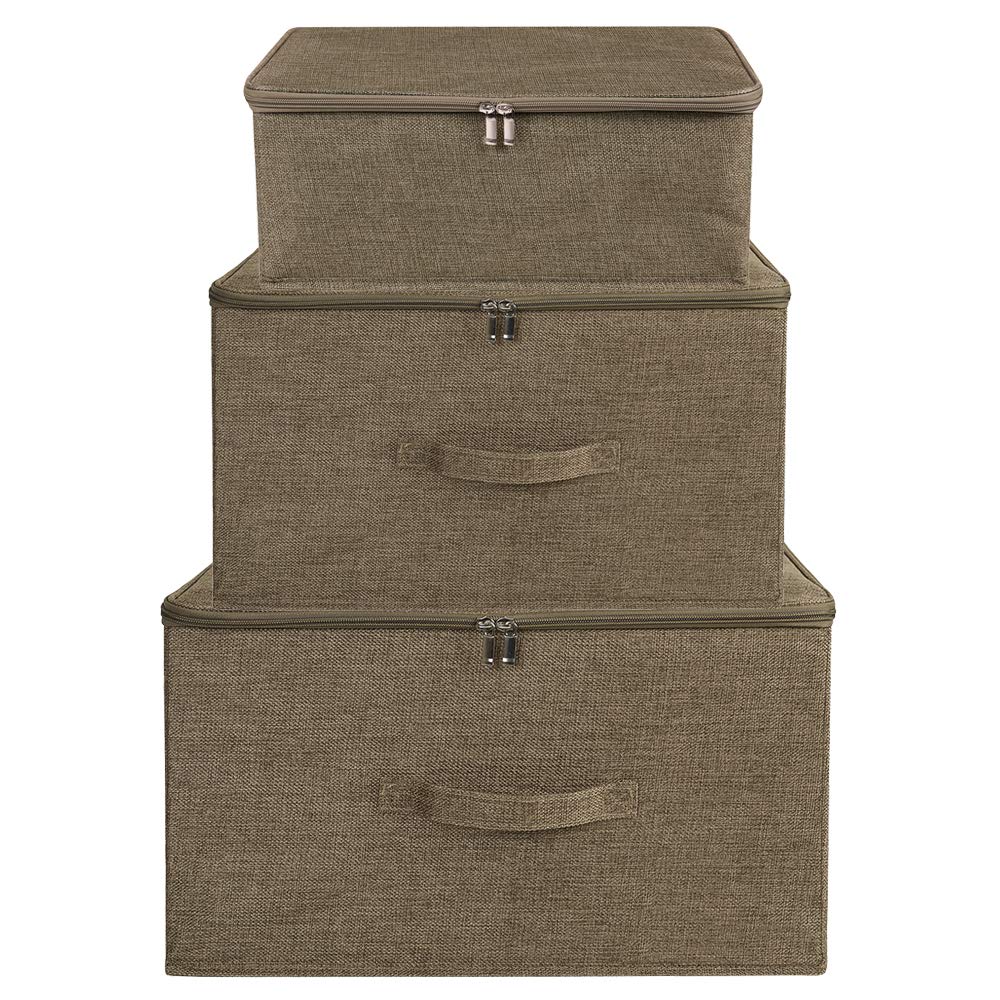 ANMINY 3-Piece Foldable Storage Bins with Zipper Lids - Large Closet Organizer Boxes for Clothes, Toys & Home Organization | Durable PP Plastic & Cotton Linen Fabric | Perfect for Bedroom, Nursery & Office (Coffee Color)