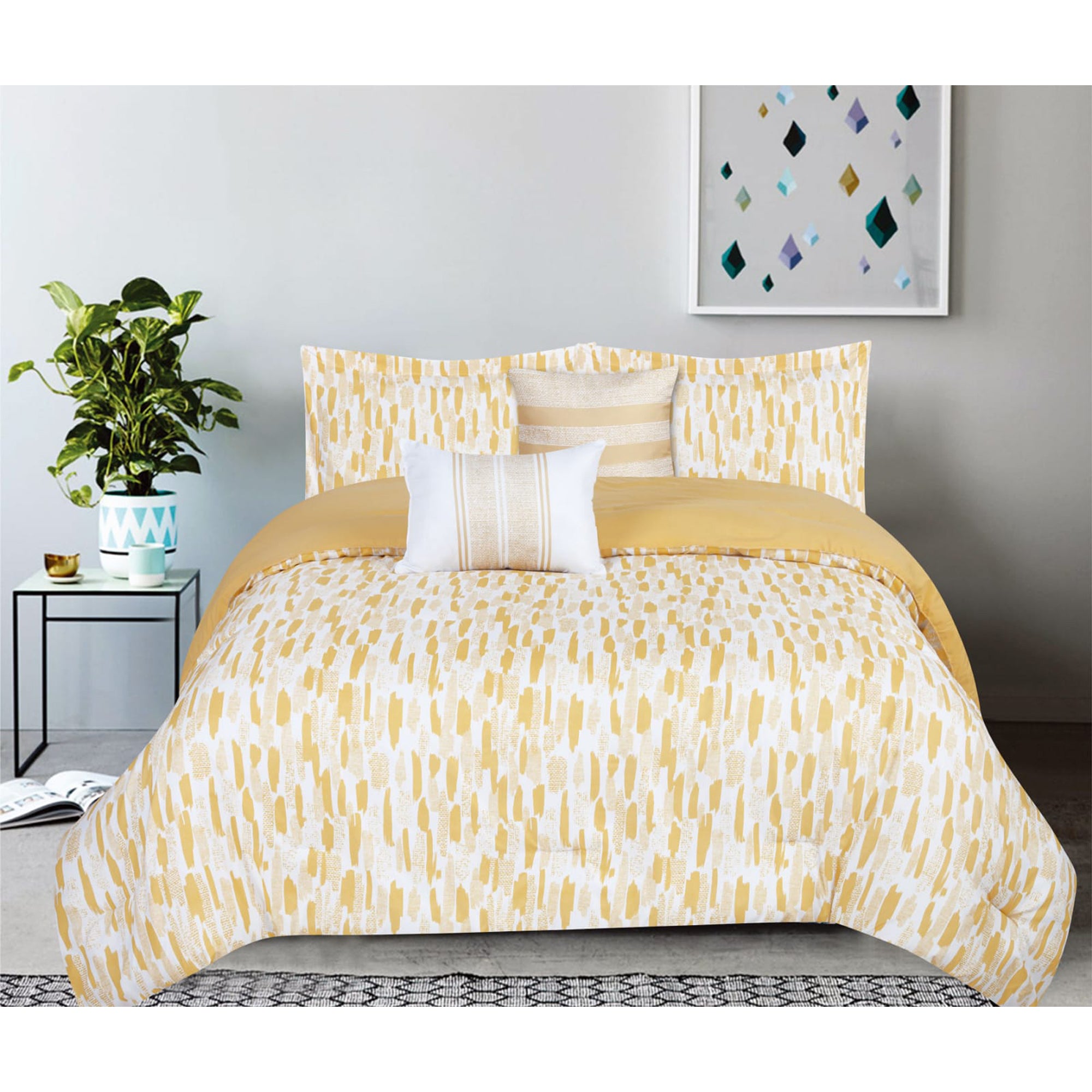 5-Piece Queen Size Comforter Set - Yellow Brush Strokes Design, Soft Bedding Collection for Cozy Bedroom Decor | Perfect for Master Bedroom, Guest Room & Dorm