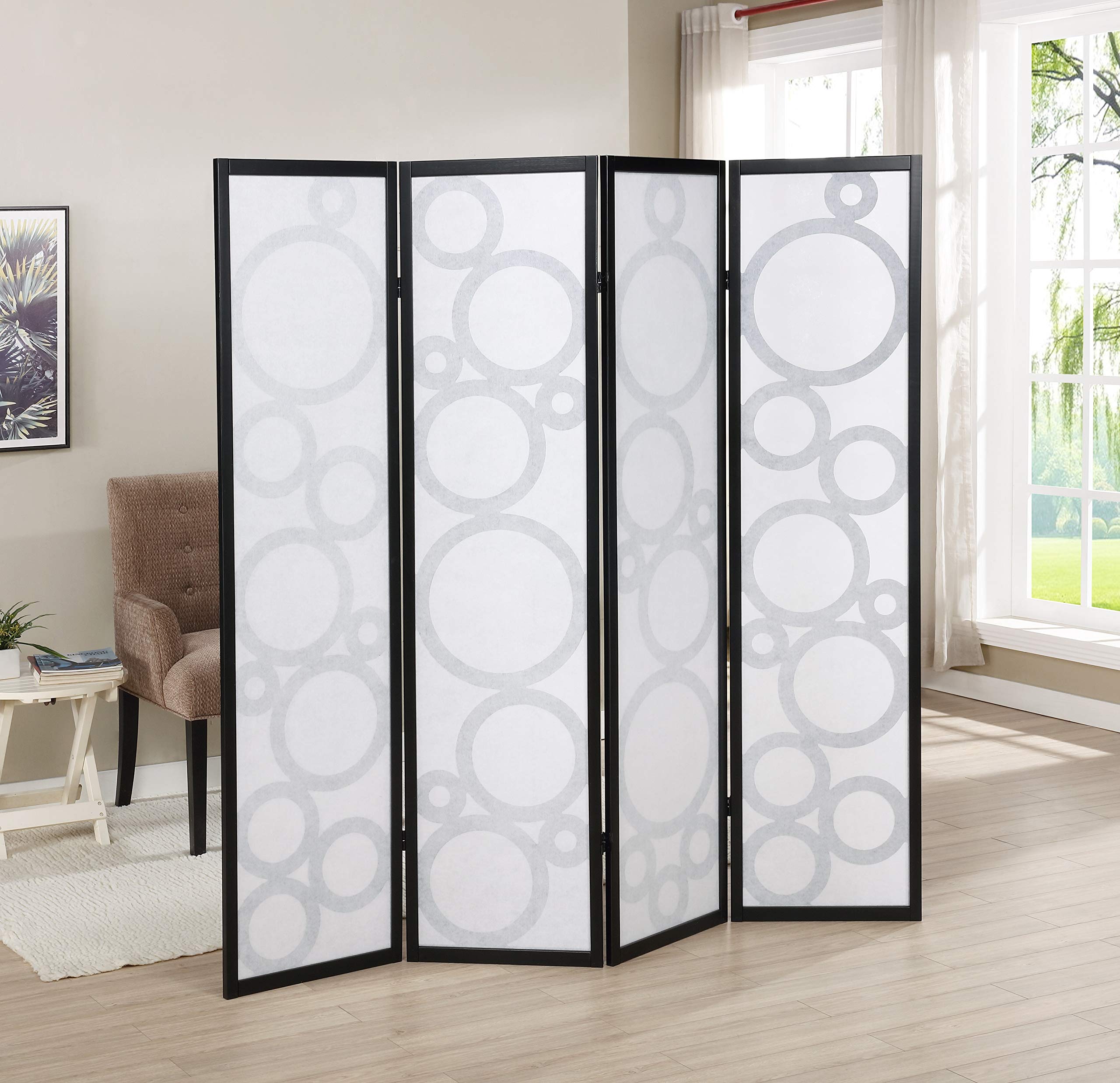 Roundhill Furniture Arvada 4-Panel Wood Room Divider with Circle Pattern - Black Wooden Folding Screen for Home Office, Living Room & Bedroom Privacy