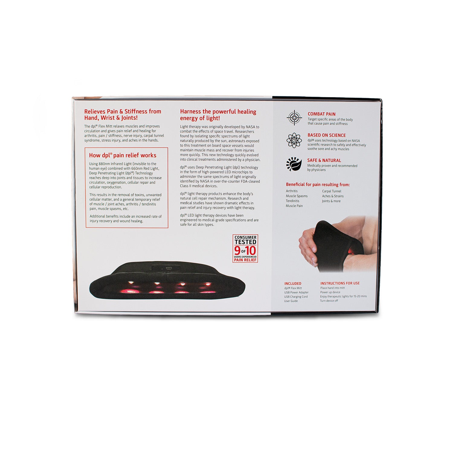 DPL Flex Mitt Light Therapy Gloves for Hand Pain Relief - Rechargeable Red & Infrared LED Treatment for Arthritis, Carpal Tunnel & Joint Pain - Home Use & On-the-Go Pain Management Solution